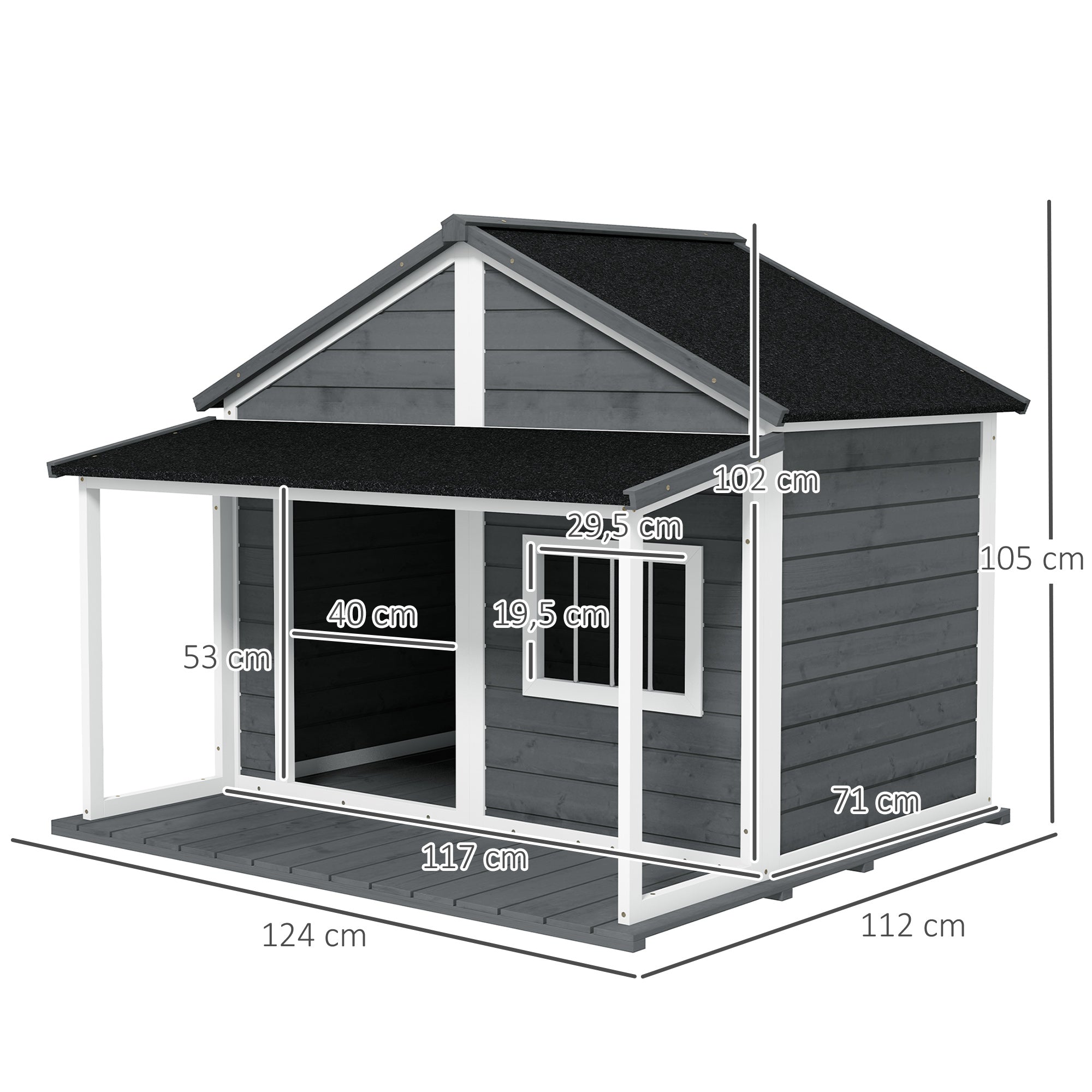 PawHut Hondenhok voor buiten - Inclusief veranda - Weerbestendig - 124 cm x 112 cm x 105 cm - Grijs + Wit