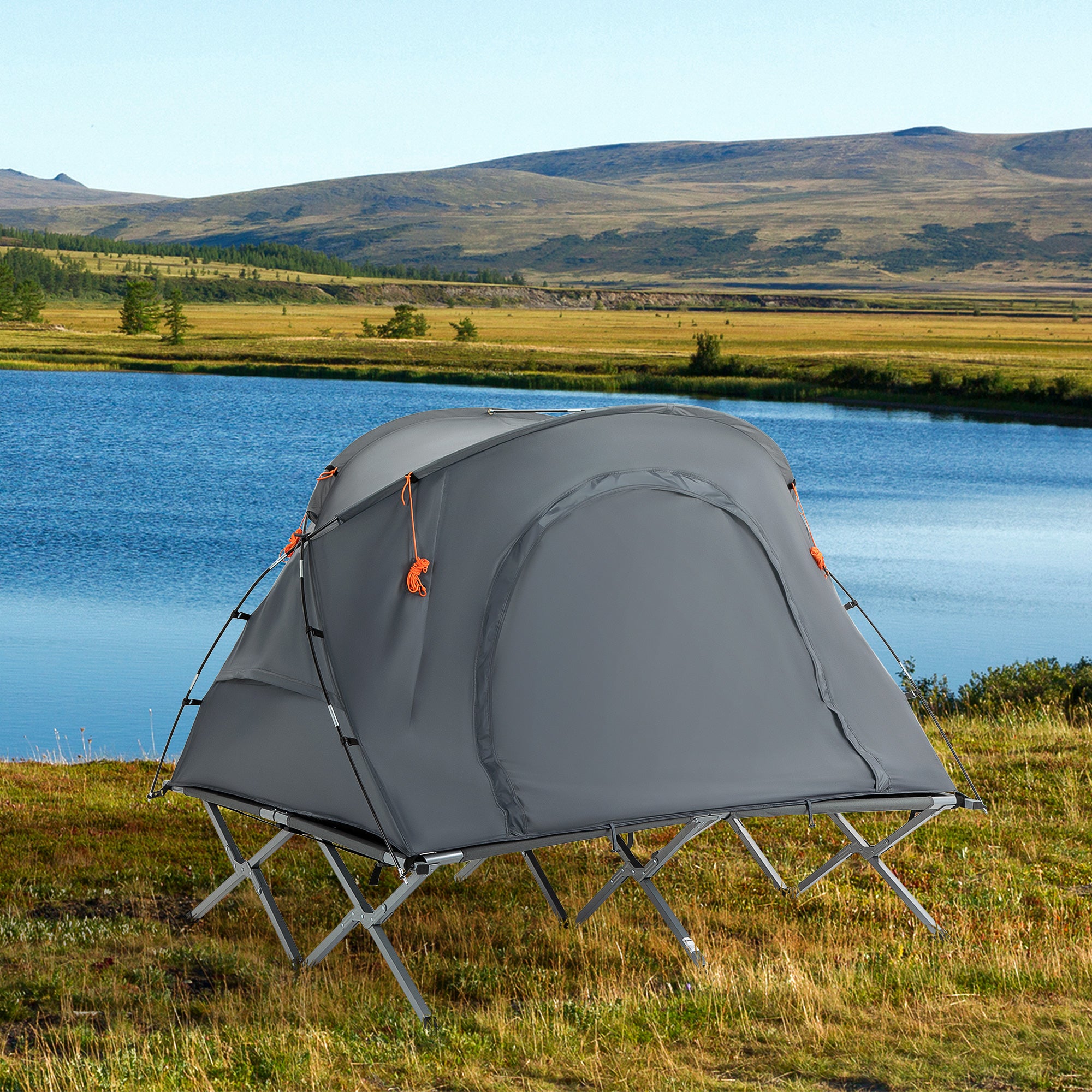 Outsunny campingbed met tent, verhoogd campingbed voor 2 persoon, koepeltent met luchtbed, inclusief draagtas, grijs 200 x 146 x 159 cm
