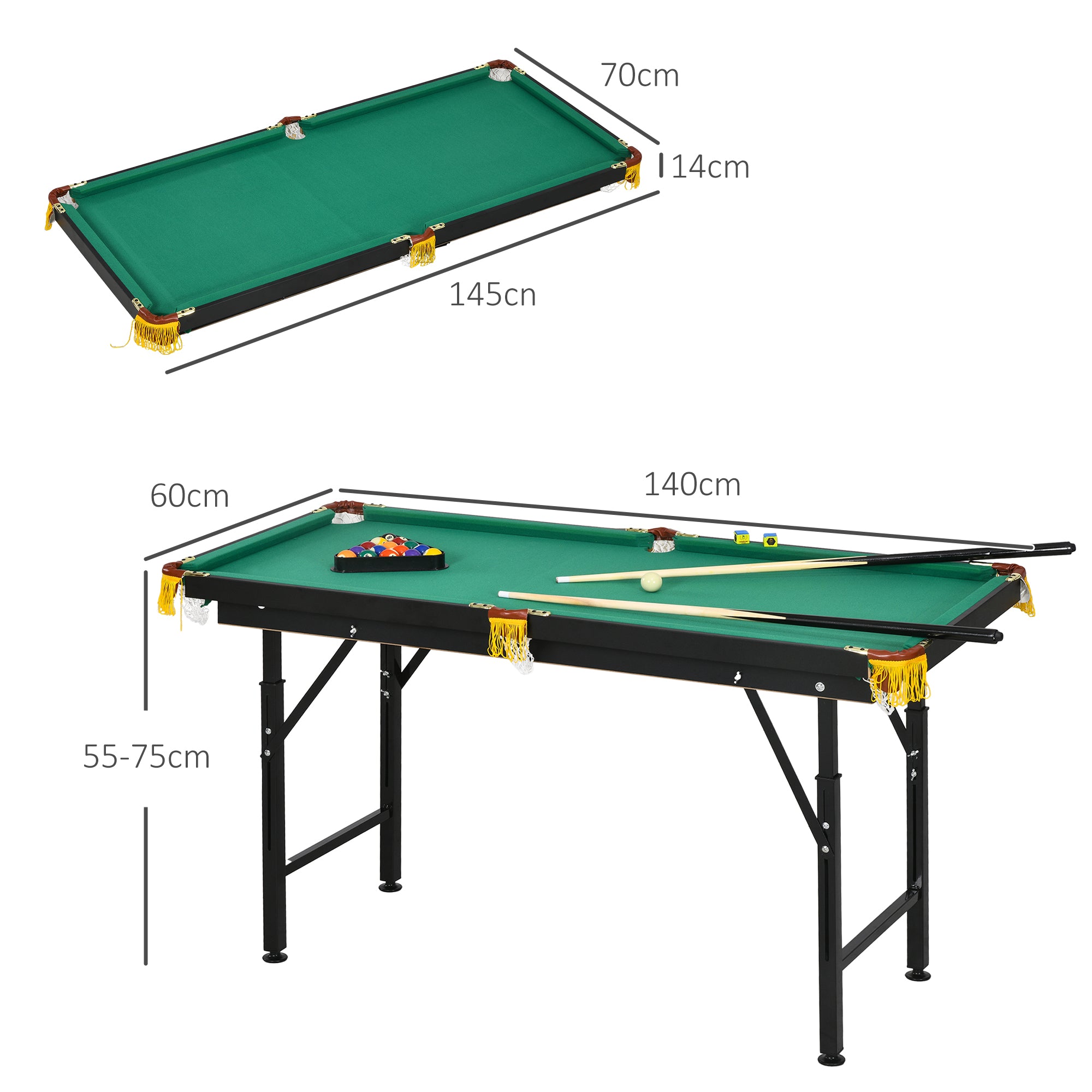 SPORTNOW Biljarttafel, inklapbaar, verstelbare hoogte, incl. driehoek/2 keus/16 ballen, Groen