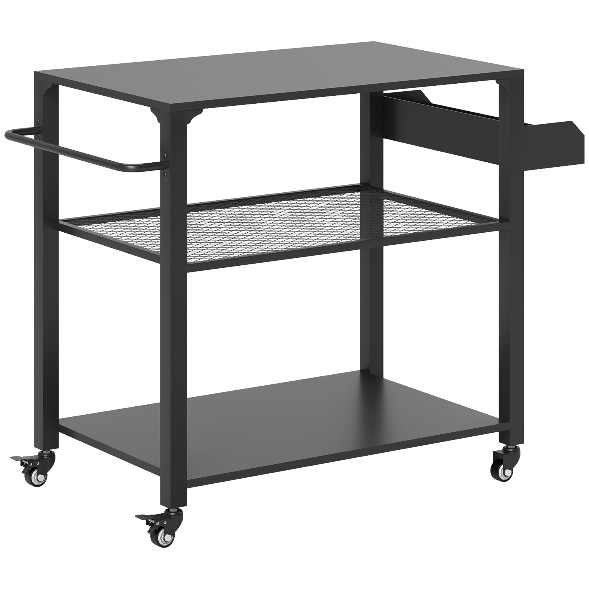 Outsunny Outdoor Keukeneiland, Grillwagen met Opbergrek, Handvat, 4 Wielen, Keukentrolley, Tuin, Terras, Metaal, Zwart