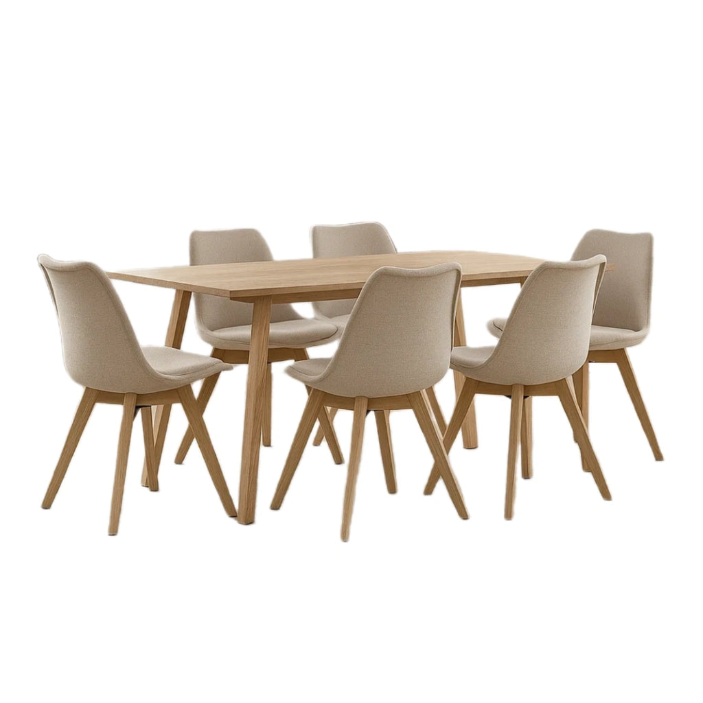 Spisest til 6 personer, lavet af tr og stof, beige, rektangulrt, let at samle, bordml 180x90x75 cm, stoleml 45x45x85 cm, til brug i spisestuen - Kr7sIeMDmWhe