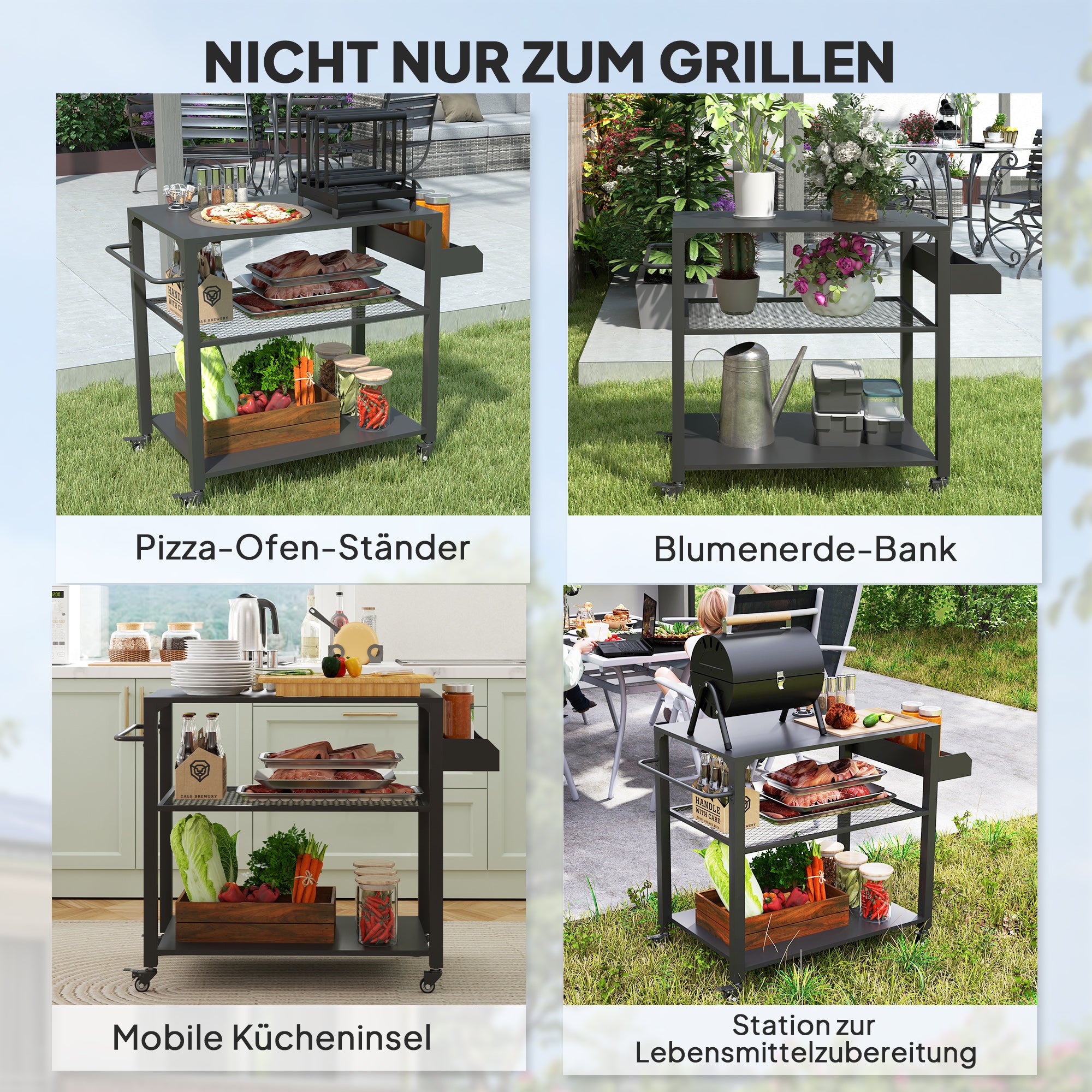 Outsunny Outdoor Keukeneiland, Grillwagen met Opbergrek, Handvat, 4 Wielen, Keukentrolley, Tuin, Terras, Metaal, Zwart