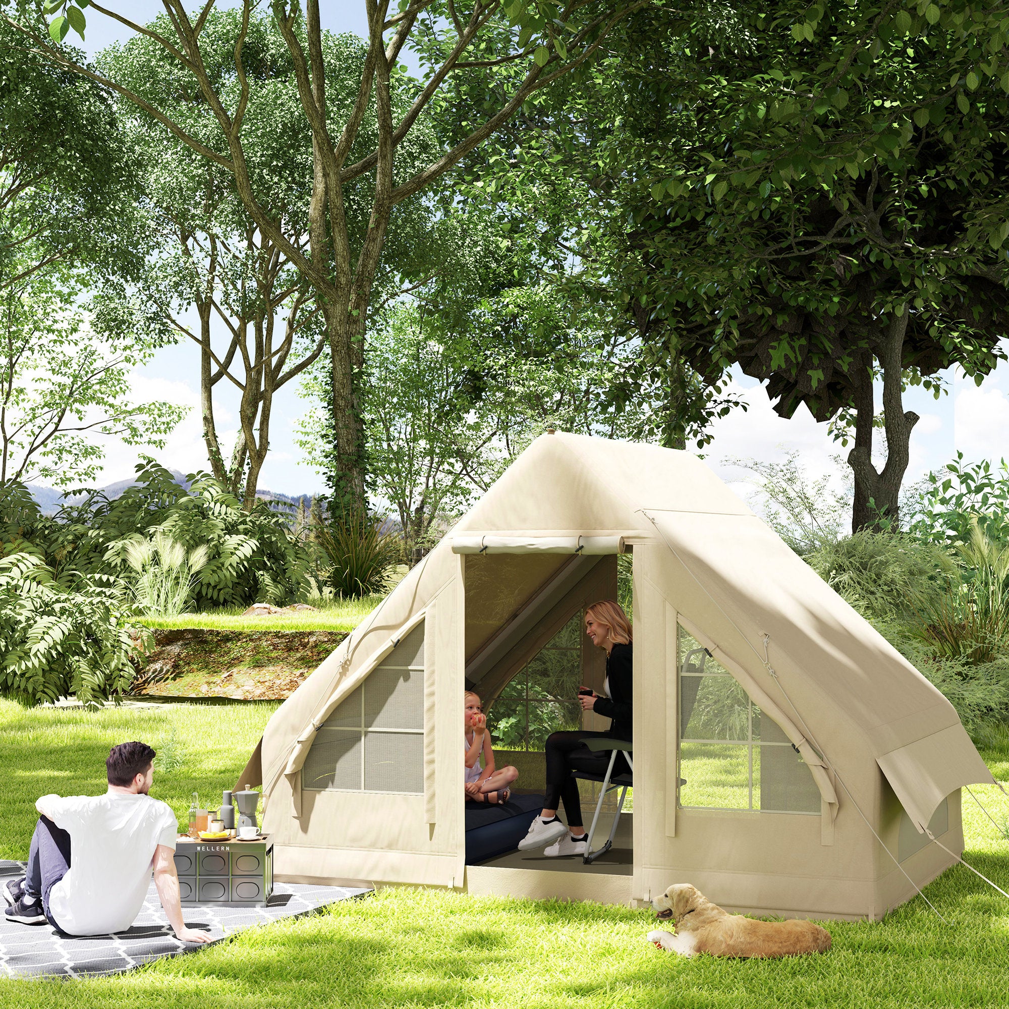 Outsunny Opblaasbare Campingtent, Slaaptent, Oxford-Stof, Netramen, Waterdicht