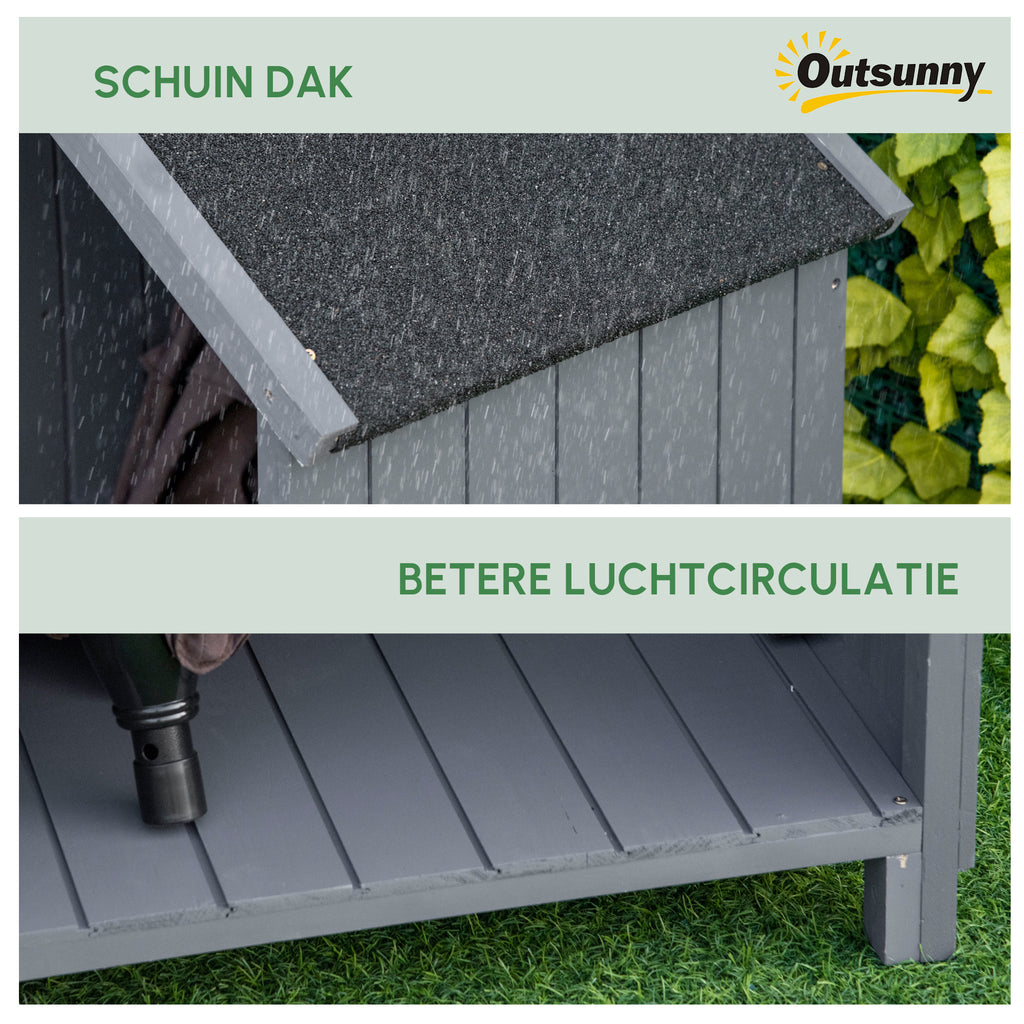 Outsunny tuinhuis gereedschapshuis gereedschapsschuur met opslagruimte voor brandhout gereedschapsschuur met 3 planken, grijs,130 x 54,5 x 180 cm