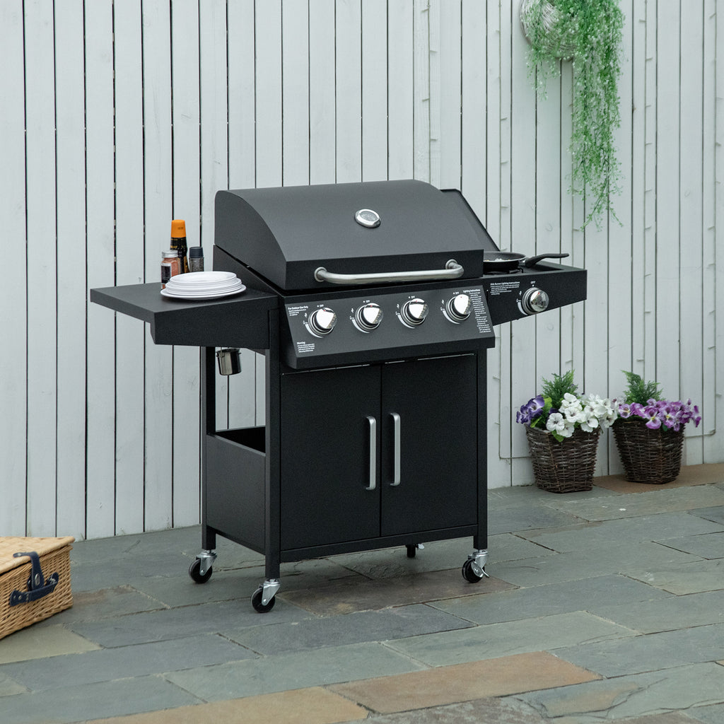 Outsunny 4+1 Gas BBQ Grill met 4 Branders en 1 Zijbrander Koolstofstaal Zwart 132 x 55 x 109 cm