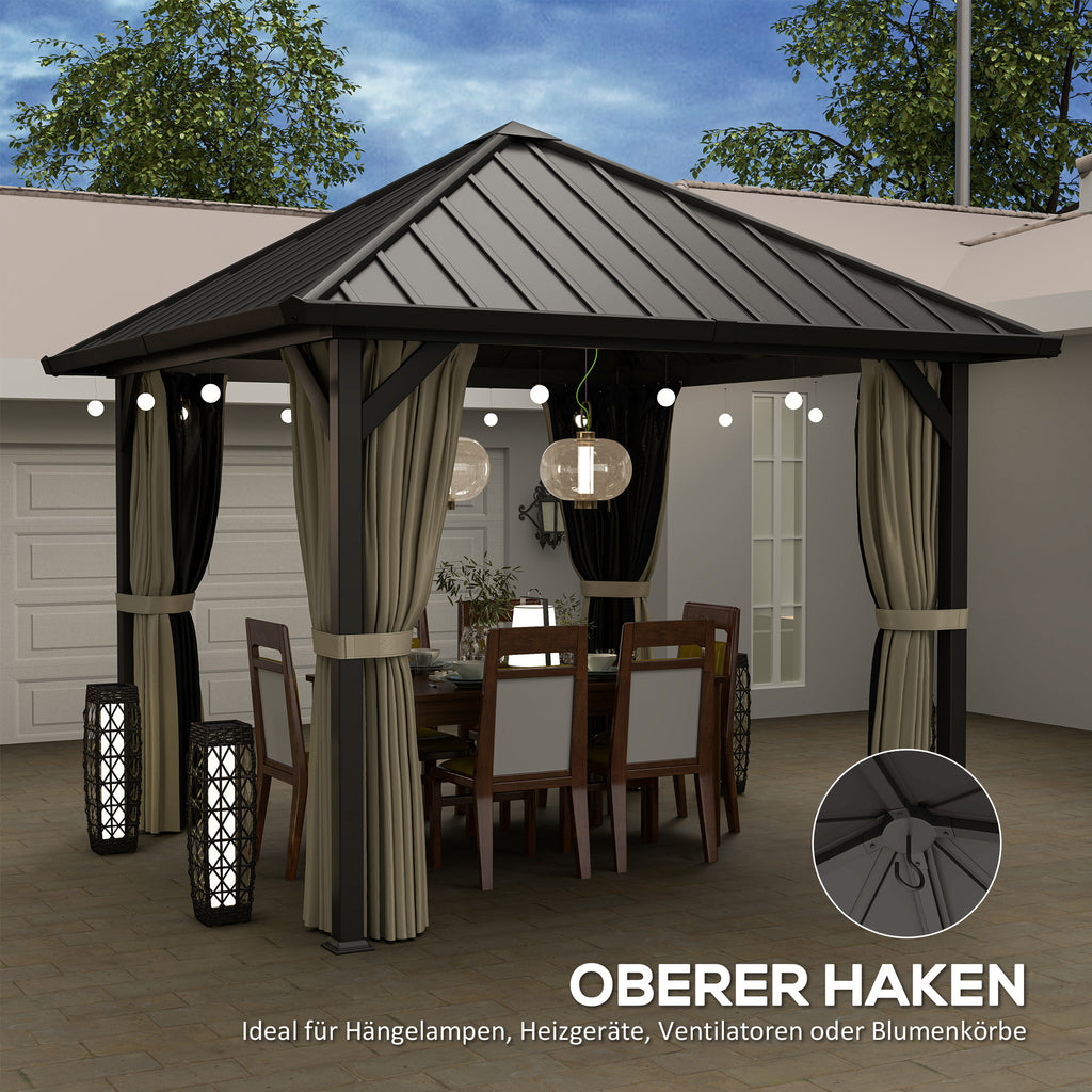 Outsunny 3 x 3m Harddak Paviljoen, Tuinpaviljoen met Metalen Dak, Waterbestendig Tuinzelt met Net en Zijwanden, Donkergrijs