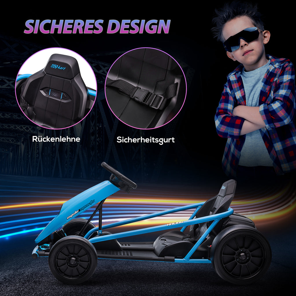 HOMCOM Elektrische Go-kart voor Kinderen, Driftfunctie, Claxon, Muziek, Veiligheidsgordel, Soft-Start, Blauw/Zwart
