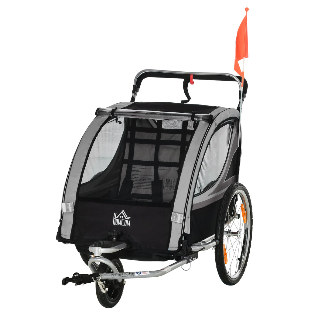 HOMCOM Kinderfietskar/Duwwagen met Remmen, Opvouwbaar, voor 2 Kinderen, Grijs/Zwart