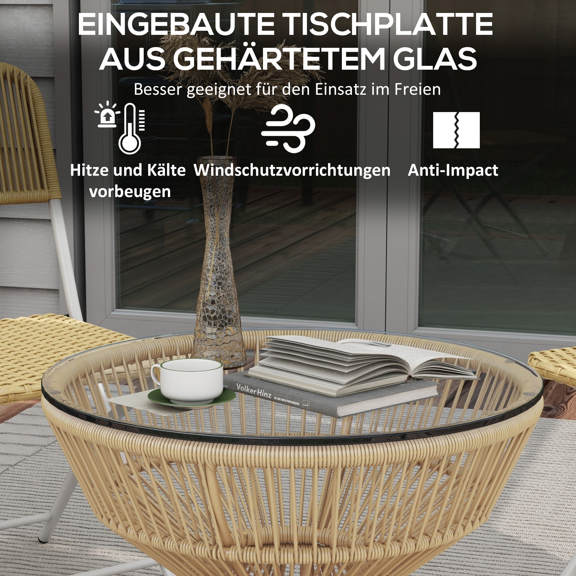 Outsunny Buitentafel Bijzettafel Tuinmeubel Rattan Bijzettafel, Glazen Blad, PE-Rattan, 60 cm x 60 cm x 50 cm, Natuurlijk