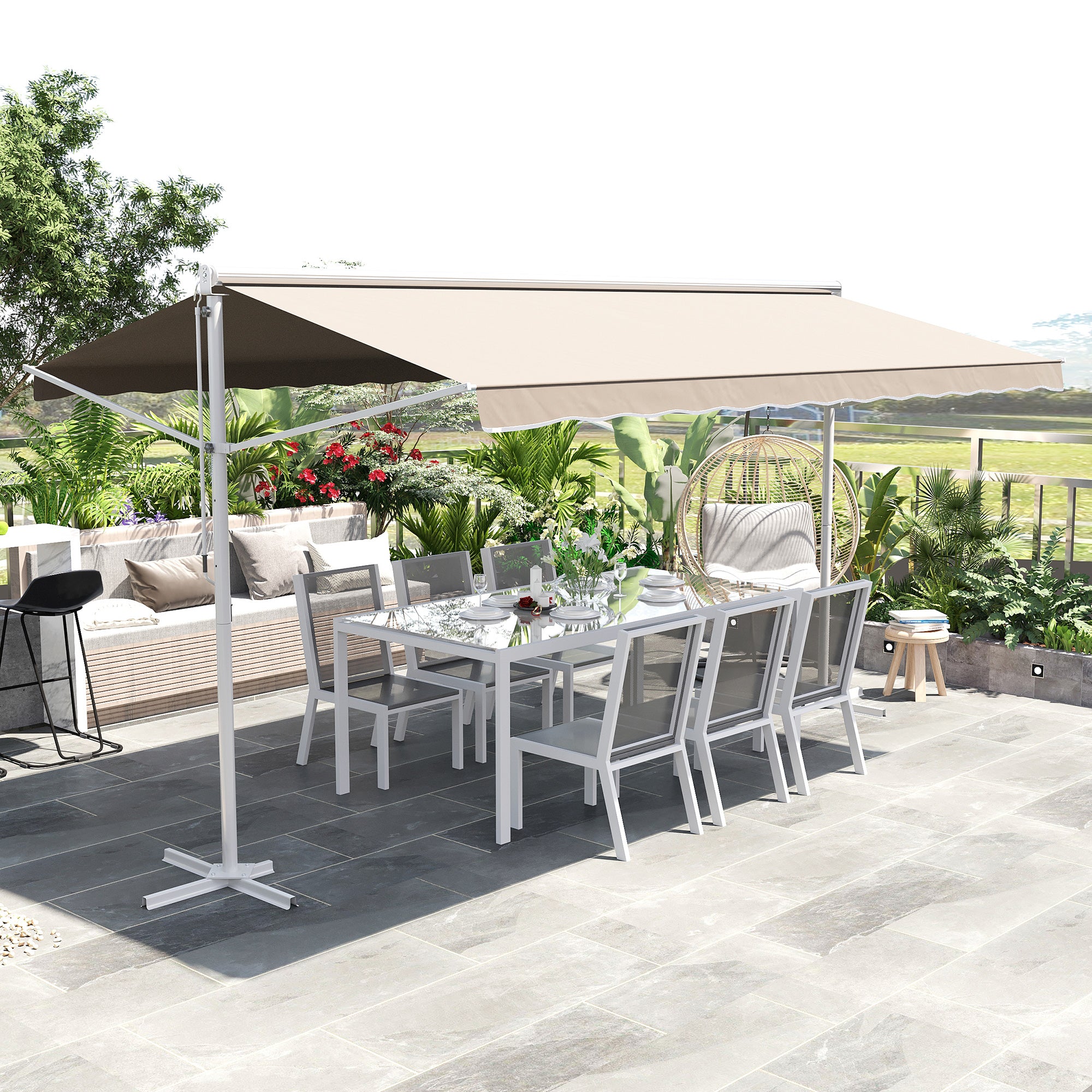 Outsunny Staande luifel met knikarm tuinluifel luifel zwengel crème 4,5 x 3,42 m