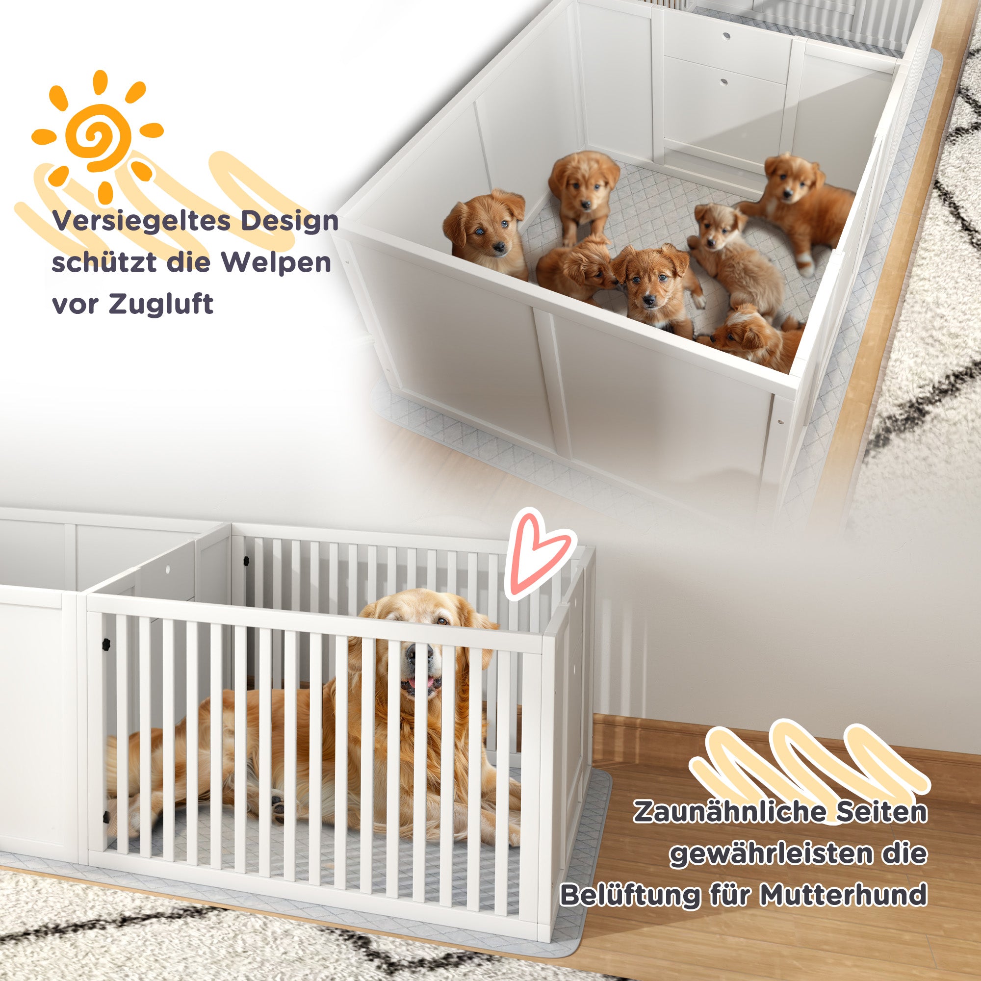 PawHut Werpbox voor Puppy's, met Ondermat, eenvoudig te reinigen, Hout, 166x80x50 cm, Wit