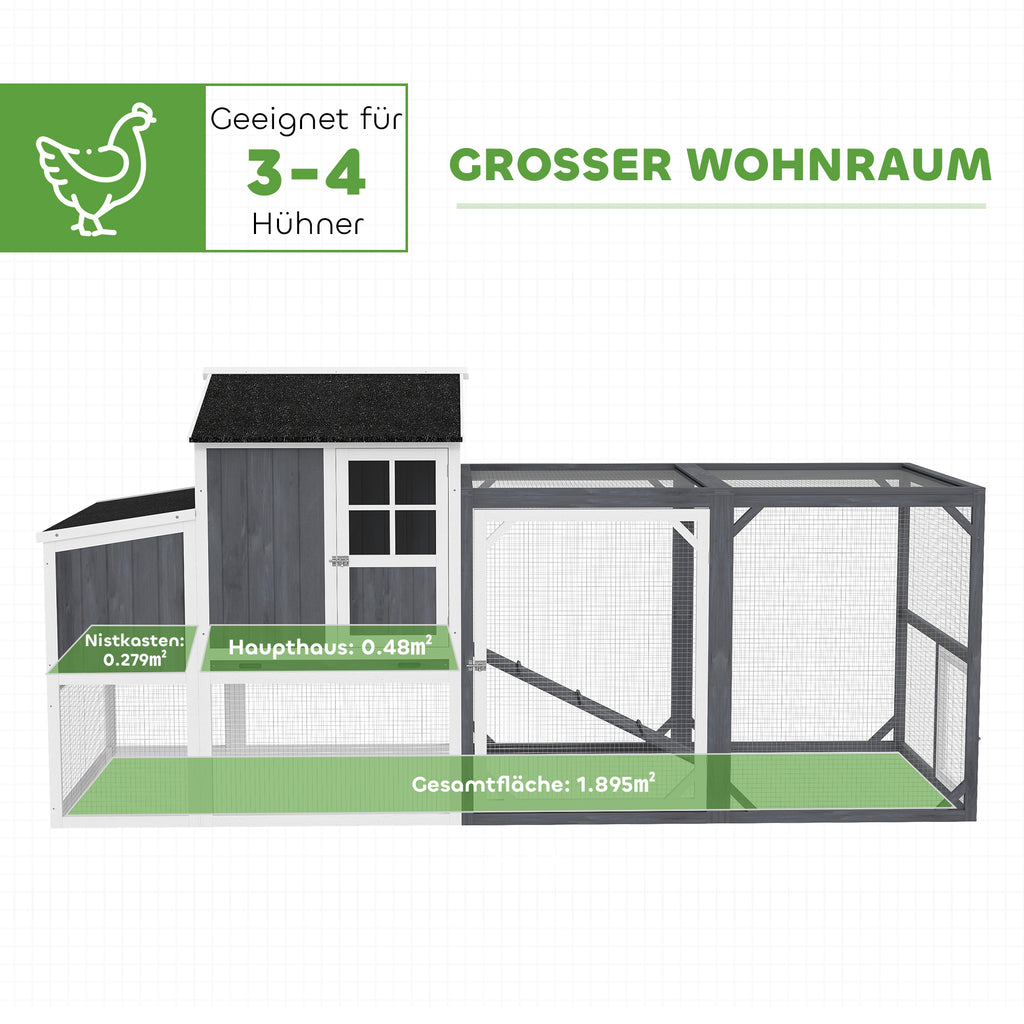 PawHut Kippenren met Uitloop voor 3-4 Kippen, 3-Delige Nestkast, 1,9 m² Oppervlak, Dennenhout, Grijs