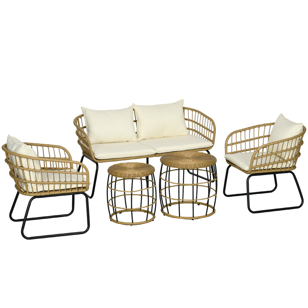 Outsunny Lounge-Set Rattan Zitgroep, Buitenmeubelset in Boho-stijl, 5-delig, 145 x 70 x 78 cm, Crème + Natuur + Zwart