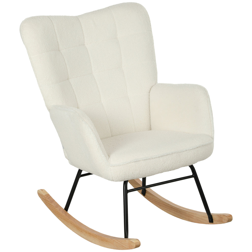 HOMCOM Schommelstoel in Berbervlies Look met Armleuningen, Ergonomische Stoel met Houten Glijders, voor Woonkamer, Slaapkamer, Wit