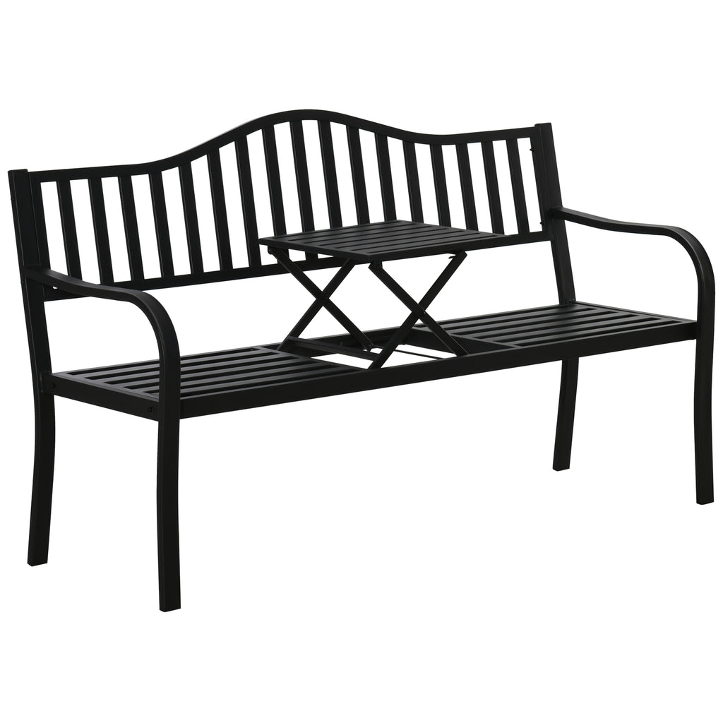 Outsunny Tuinbank met uitschuifbare tafel voor 2-3 personen Metalen parkbank Zitbank Terrasbank met rugleuning en armleuningen Tuinmeubels Zwart 150 x 58.5 x 90 cm
