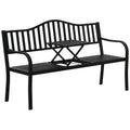 Outsunny Tuinbank met uitschuifbare tafel voor 2-3 personen Metalen parkbank Zitbank Terrasbank met rugleuning en armleuningen Tuinmeubels Zwart 150 x 58.5 x 90 cm