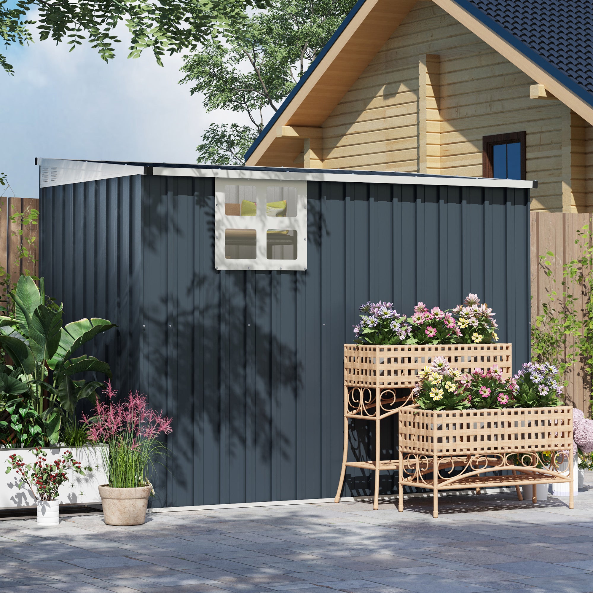 Outsunny Tuinopbergschuur, gereedschapsschuur voor tuingereedschap, venster, ventilatieopeningen, afsluitbaar, staal, donkergrijs