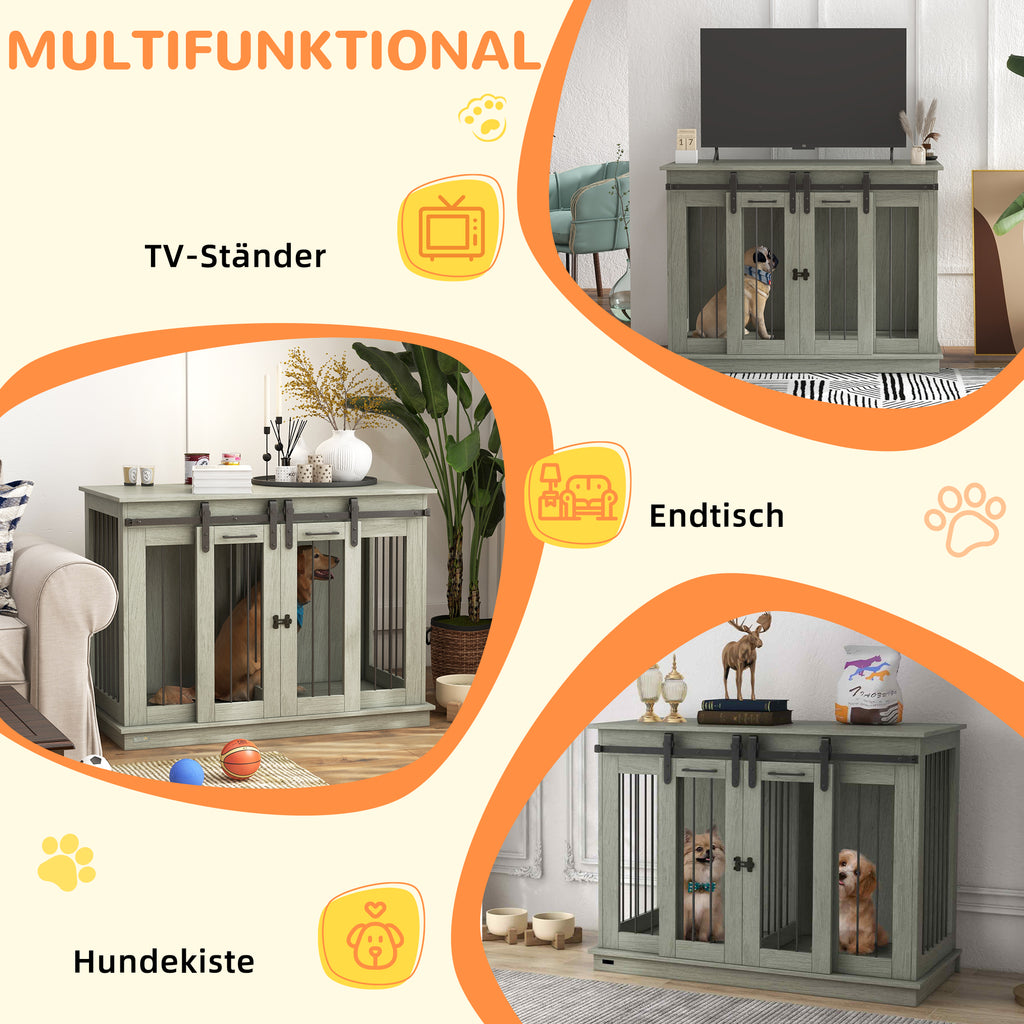 PawHut Hondenkooi met 2 Deuren, Hondenbox, Transportbox voor Honden, Landelijk Design, Vergrendelbaar, Grijs