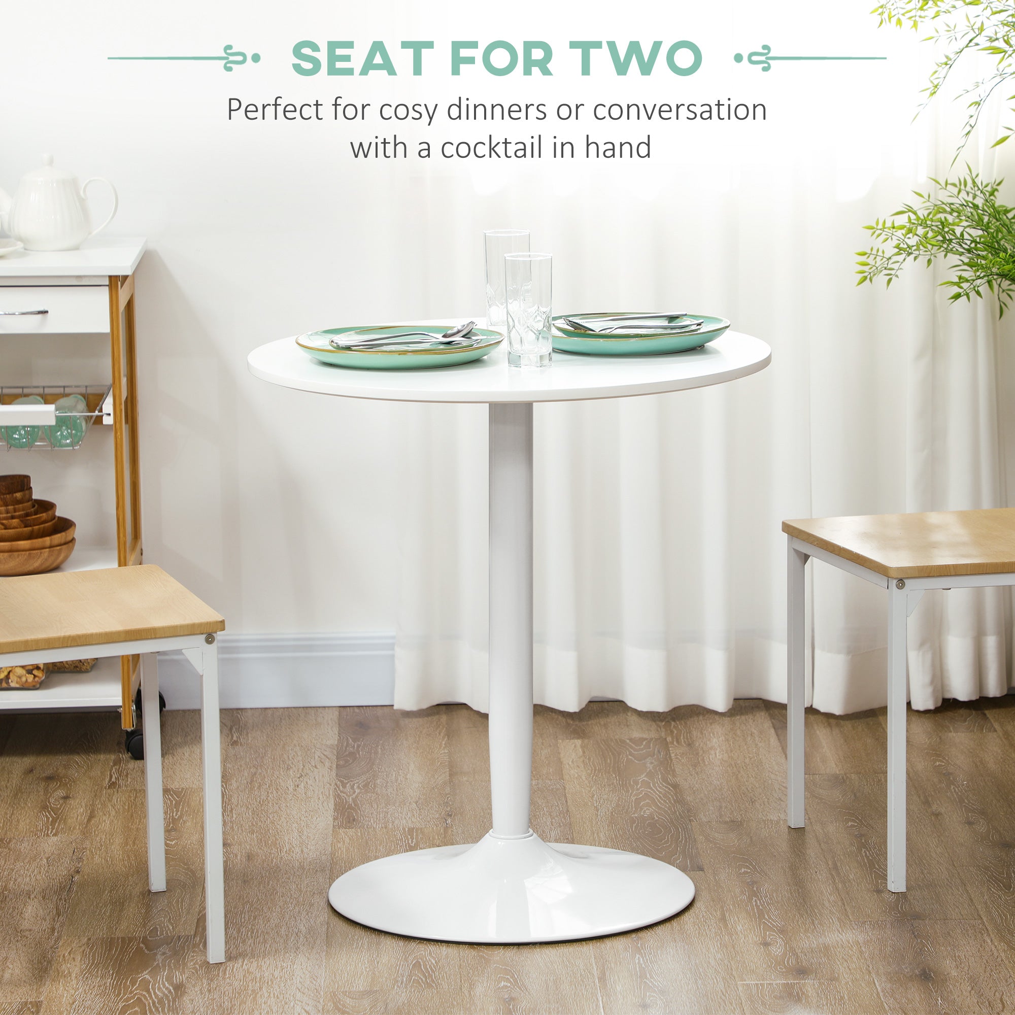 HOMCOM Eettafel voor 2 Personen, Ronde Tafelblad, Stalen Voet, wit, 70 x 70 x 75 cm