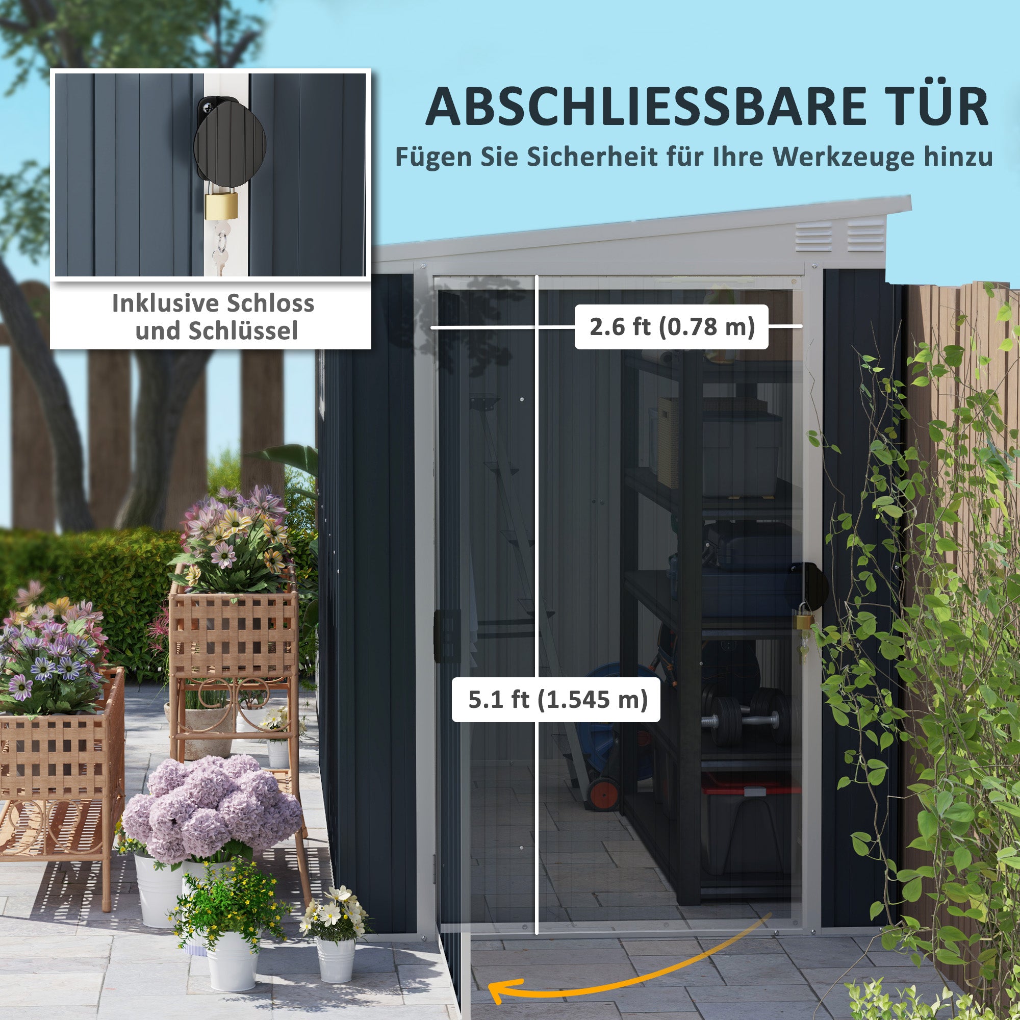 Outsunny Tuinopbergschuur, gereedschapsschuur voor tuingereedschap, venster, ventilatieopeningen, afsluitbaar, staal, donkergrijs
