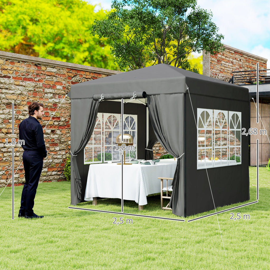 Outsunny 2,5 x 2,5 m Pop-up Paviljoen met Zijwanden en Transporttas, UPF50+ Hoogte Verstelbaar Tuinpaviljoen, Donkergrijs