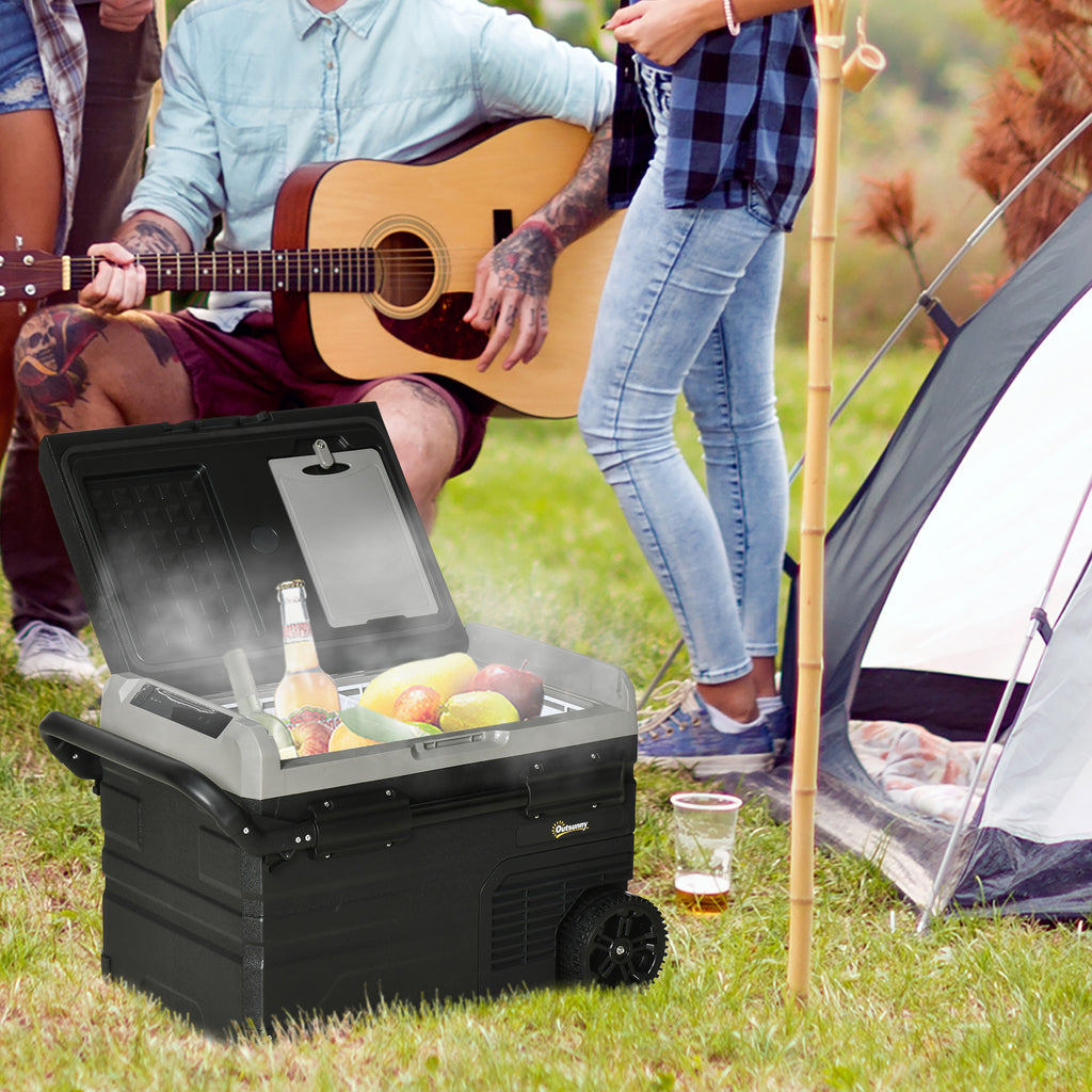 Outsunny koelbox auto 40L met LED verlichting compressor auto koelkast met handgrepen transportwielen kofferbak camper travel 12/24V DC en 110-240V AC grijs + zwart