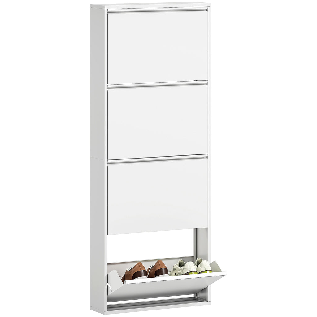 HOMCOM Smalle Metalen Schoenenkast voor Maximaal 8 Paar Schoenen, 4 Klaplades, voor Hal en Entree, Wit
