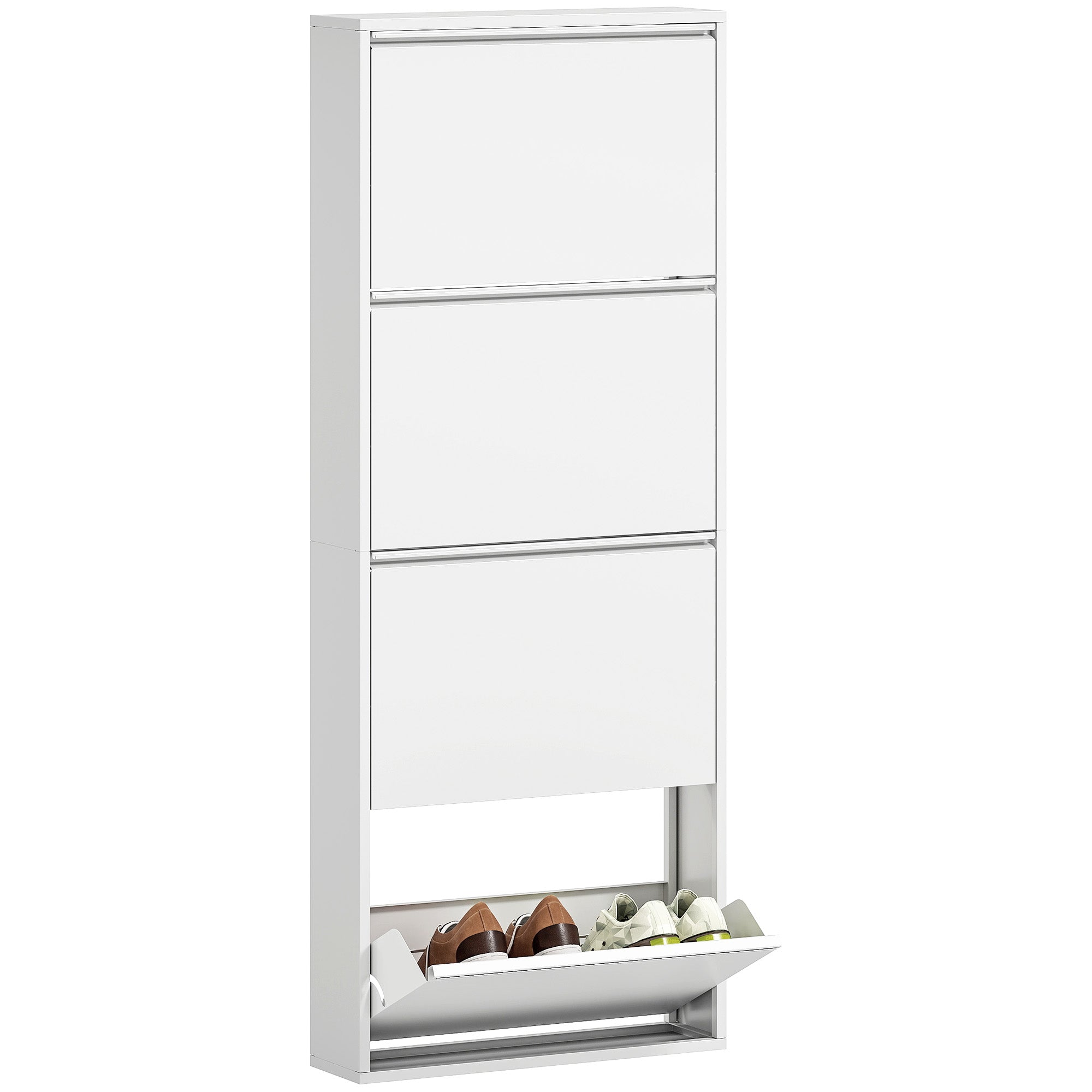 HOMCOM Smalle Metalen Schoenenkast voor Maximaal 8 Paar Schoenen, 4 Klaplades, voor Hal en Entree, Wit