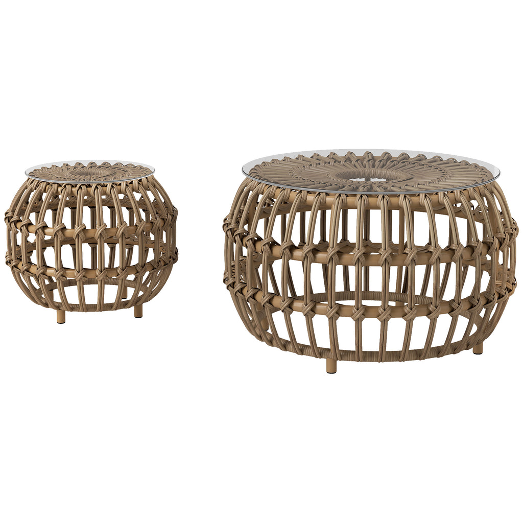 Outsunny 2-delige Set Bijzettafels Polyrattan Ø66/42 cm Rond Weerbestendig met Glazen Blad - Bruin