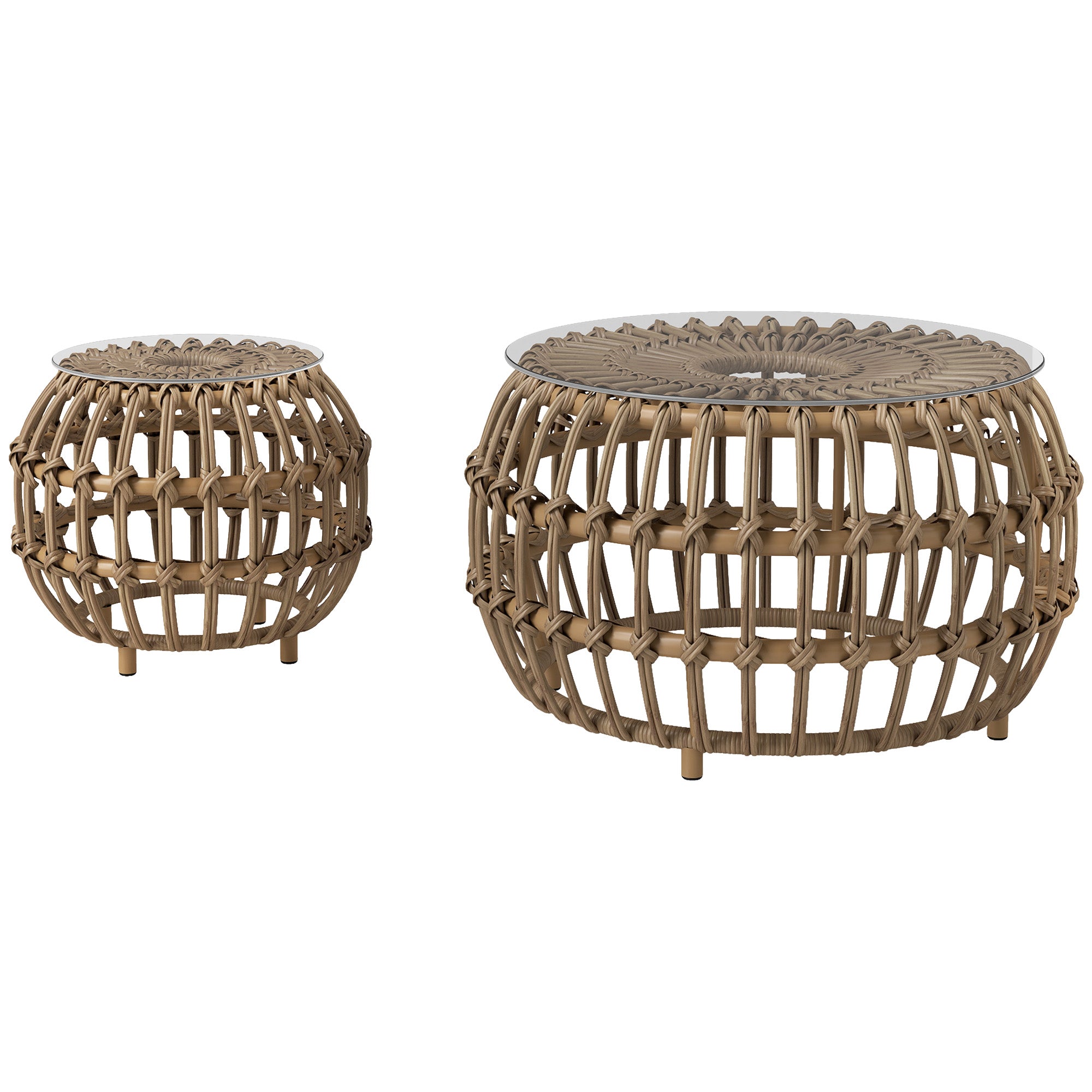Outsunny 2-delige Set Bijzettafels Polyrattan Ø66/42 cm Rond Weerbestendig met Glazen Blad - Bruin