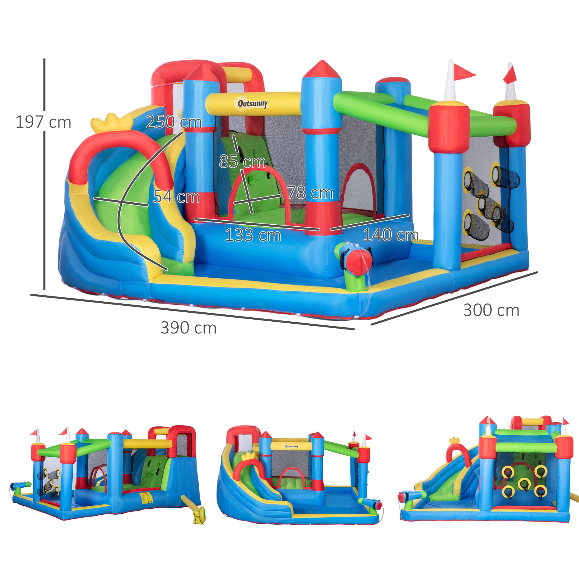 Outsunny springkasteel, opblaasbaar springkasteel, waterpark met waterglijbaan, kleurrijk