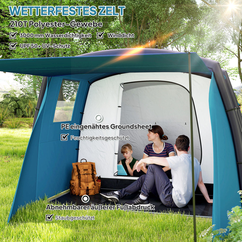 Outsunny Opblaasbare Campingtent 3-6 Personen Outdoor Tunneltent met Zijramen Deur Luchtsteunen 4,4 x 2,8 x 1,95 m Blauw