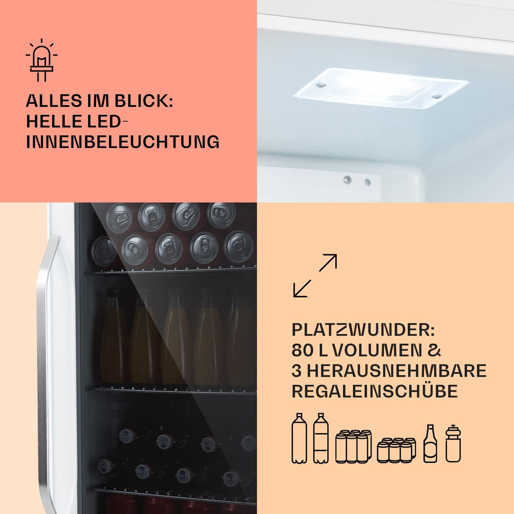Klarstein Mini Koelkast met Glazen Deur voor Kamer, Drankenkoelkast met Verstelbare Planken, Klein 80 Liter, Indoor/Outdoor Koelkast Stil