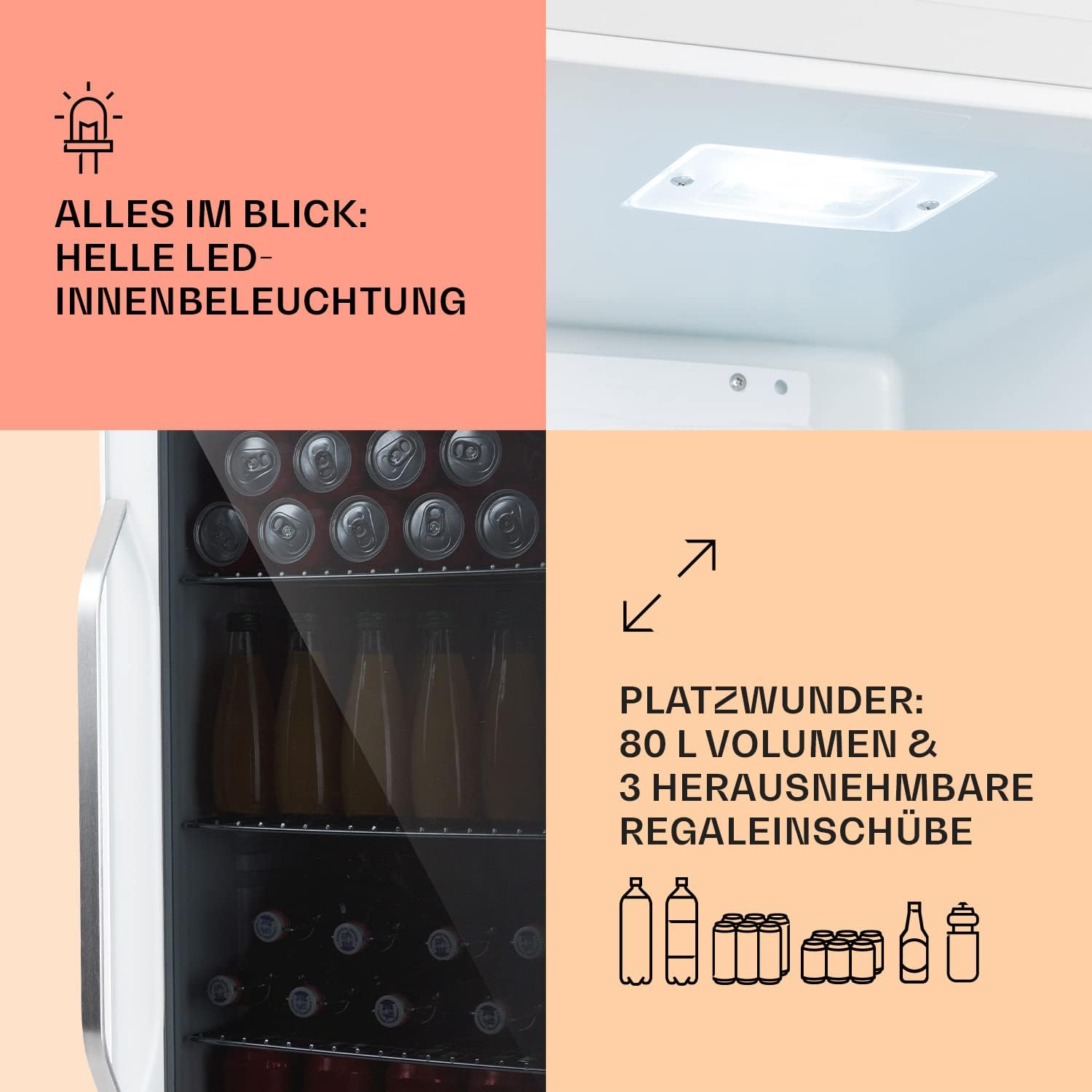 Klarstein Mini Koelkast met Glazen Deur voor Kamer, Drankenkoelkast met Verstelbare Planken, Klein 80 Liter, Indoor/Outdoor Koelkast Stil