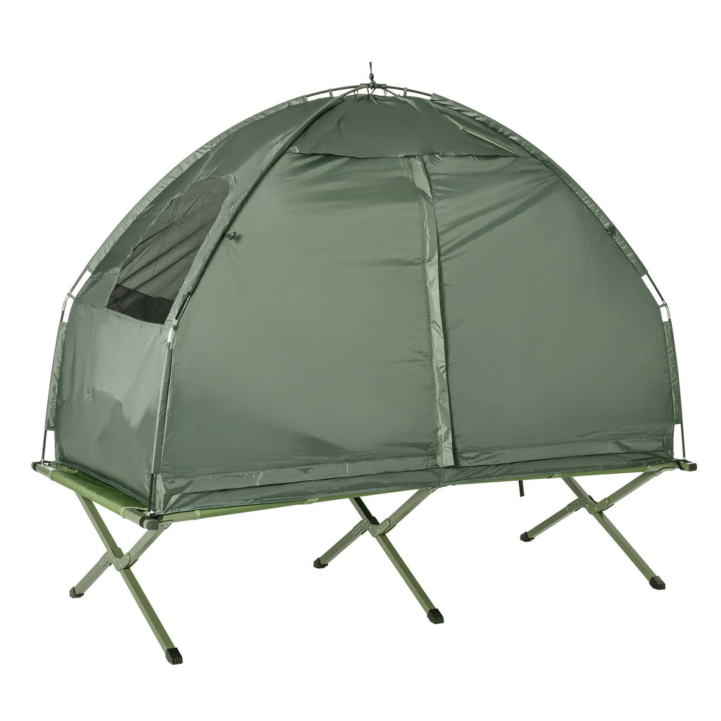 Outsunny Campingbed voor volwassenen - 4-in-1 set met tent, slaapzak, matras en waterdichte comfortabel opvouwbare, donkergroen