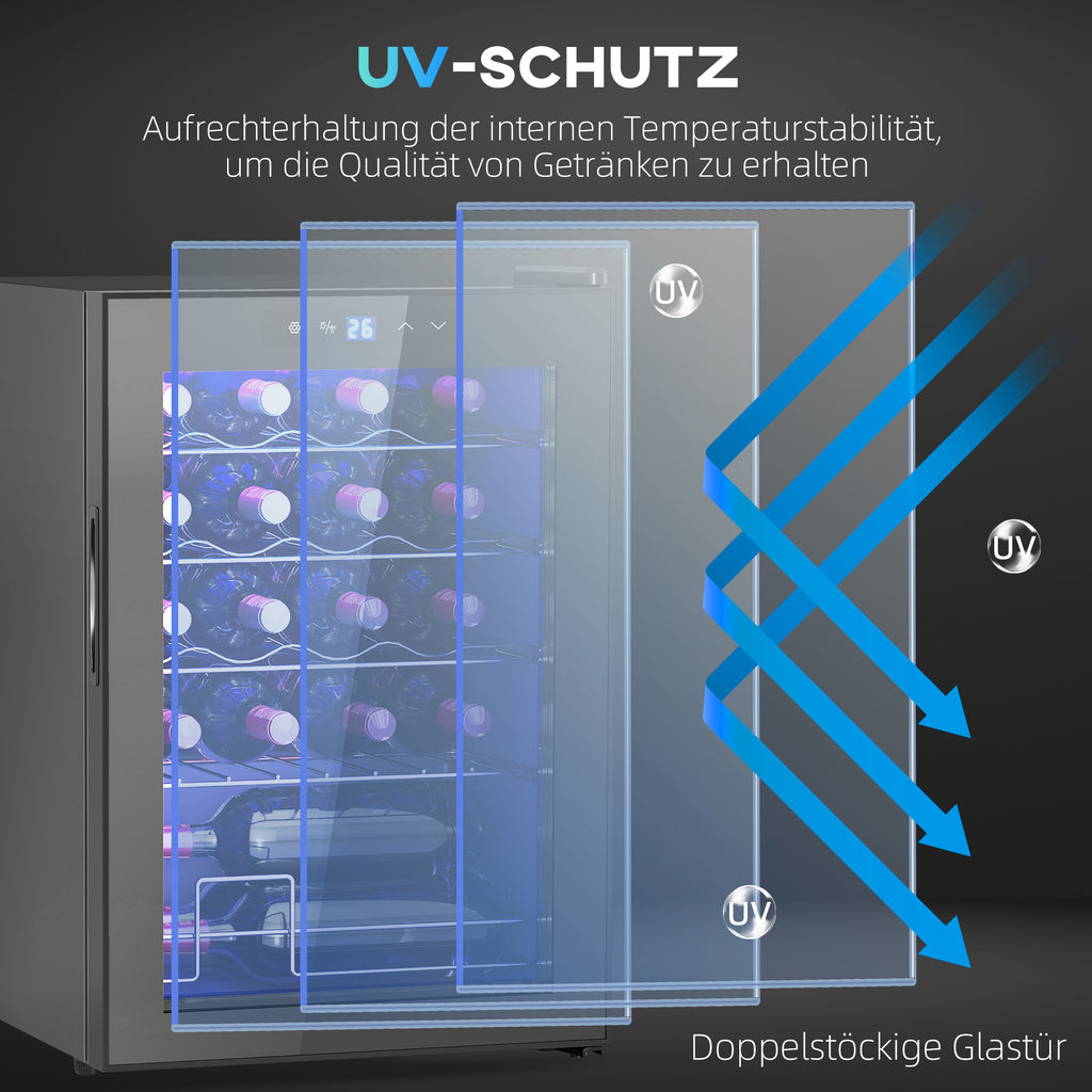 HOMCOM Kleine Wijnkoelkast, Mini-Koelkast voor 20 Flessen, 53 Liter Capaciteit, met Glazen Deur, LED-Verlichting, Zwart