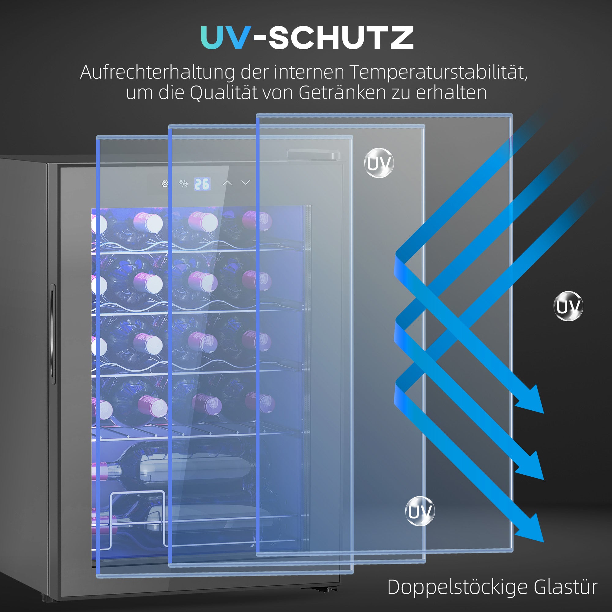 HOMCOM Kleine Wijnkoelkast, Mini-Koelkast voor 20 Flessen, 53 Liter Capaciteit, met Glazen Deur, LED-Verlichting, Zwart