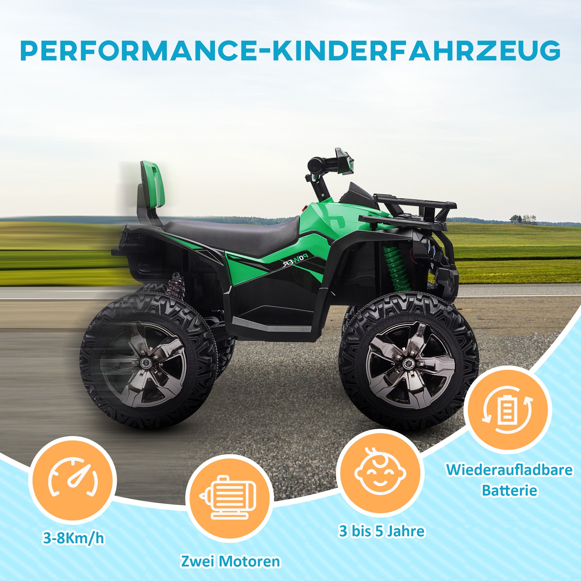 HOMCOM Elektrisch Kinderquad met Licht & Muziekaansluiting, 3-8 km/u, Voor 3-5 Jaar, Groen