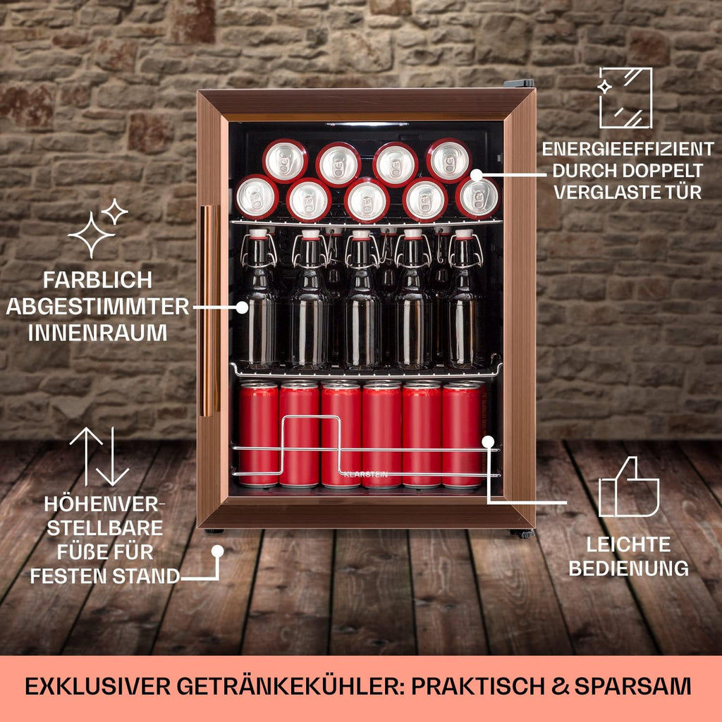 Klarstein Mini Koelkast met Glazen Deur voor Kamer, Drankenkoelkast met Verstelbare Planken, Klein 80 Liter, Indoor/Outdoor Koelkast Stil