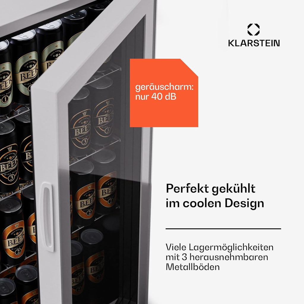 Klarstein Mini Koelkast met Glazen Deur voor Kamer, Drankenkoelkast met Verstelbare Planken, Klein 80 Liter, Indoor/Outdoor Koelkast Stil