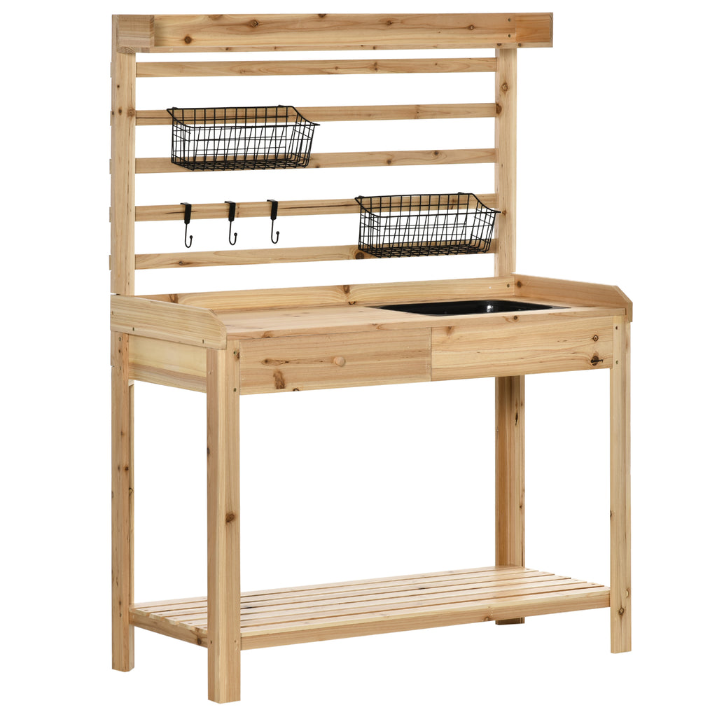 Outsunny Planttafel Tuintafel met Wastafel Houten Bloementafel met Ladehaak Mandplank Tuinterras Naturel 107,5 x 46 x 142 cm