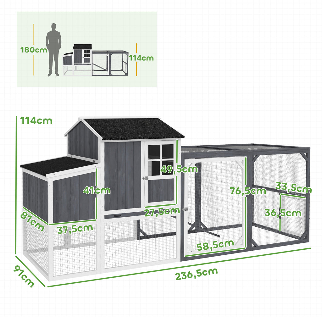 PawHut Kippenren met Uitloop voor 3-4 Kippen, 3-Delige Nestkast, 1,9 m² Oppervlak, Dennenhout, Grijs