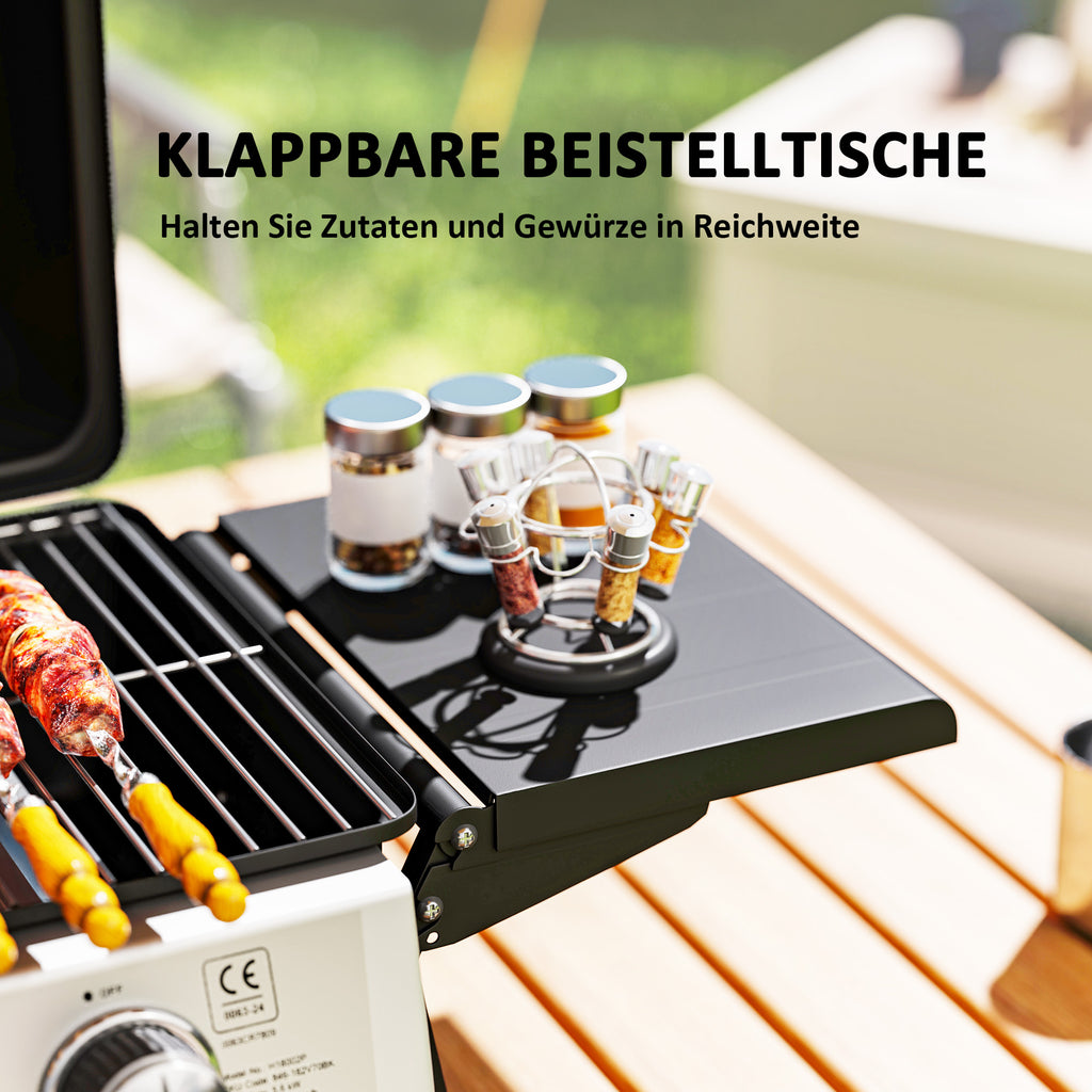 Outsunny Gasbarbecue 5,6 KW met 2 Roestvrijstalen Branders en Zijtafels, Drukregelaar 101 x 48 x 41 cm Zwart