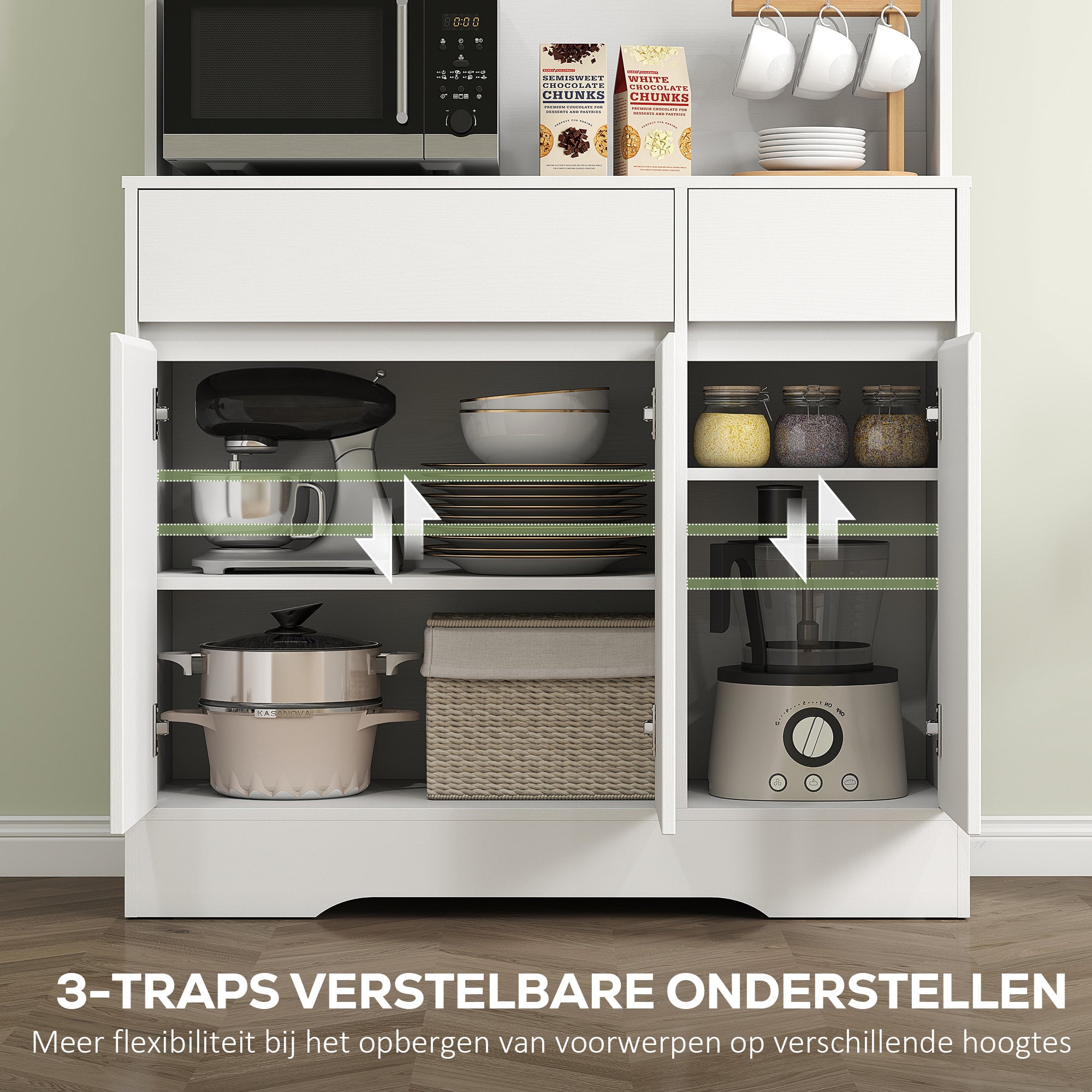 HOMCOM Keukenkast met Open Werkblad, 6 Kastdeuren, 2 Laden, Verstelbare Planken, Kabelgaten, Spaanplaat, Wit