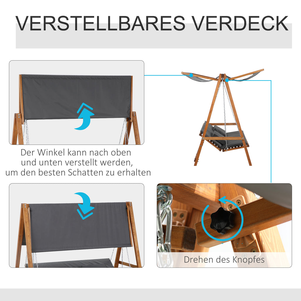 Outsunny hangmatschommel met bedfunctie 3-zits tuinschommel met dak ligbed tuinbank Lariks hout polyester grijs + teak 225.5 x 113 x 180 cm