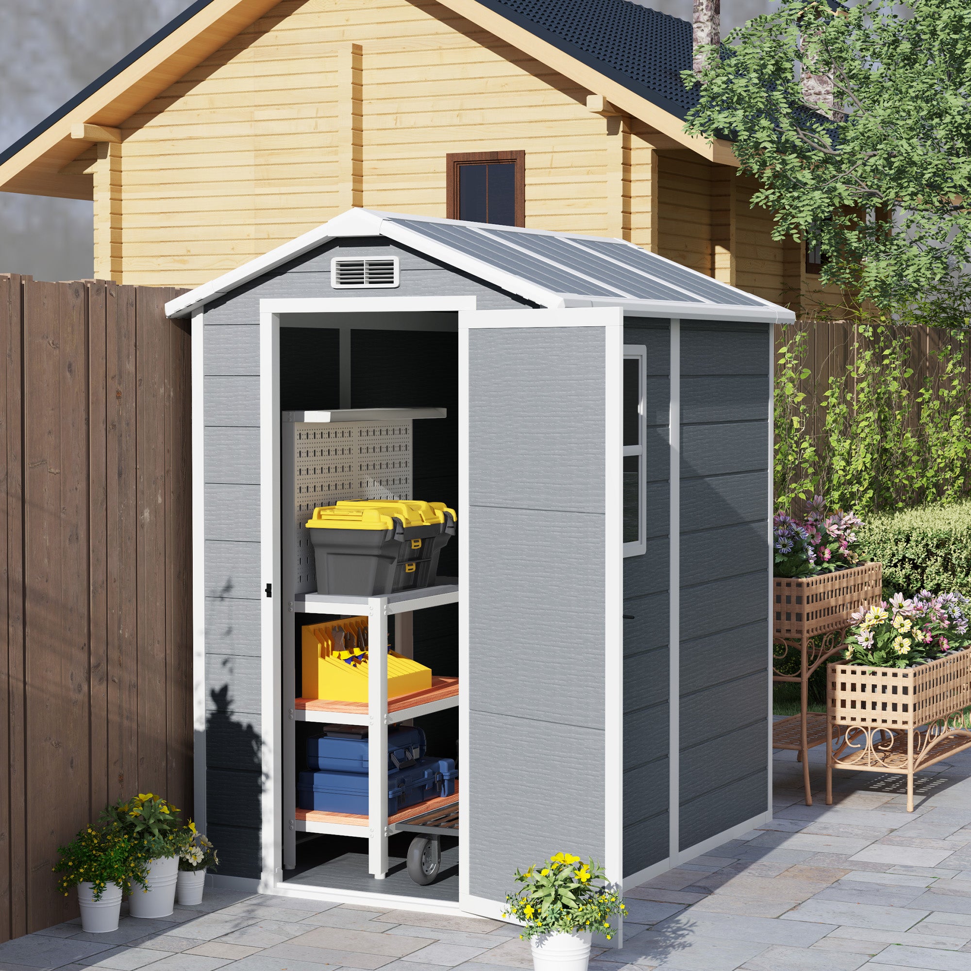 Outsunny Tuinschuur, Kunststof Tuinhuis met Vloer, Venster, Vergrendelbare Deuren, voor Tuin, 131B x 186D x 198H cm, Grijs