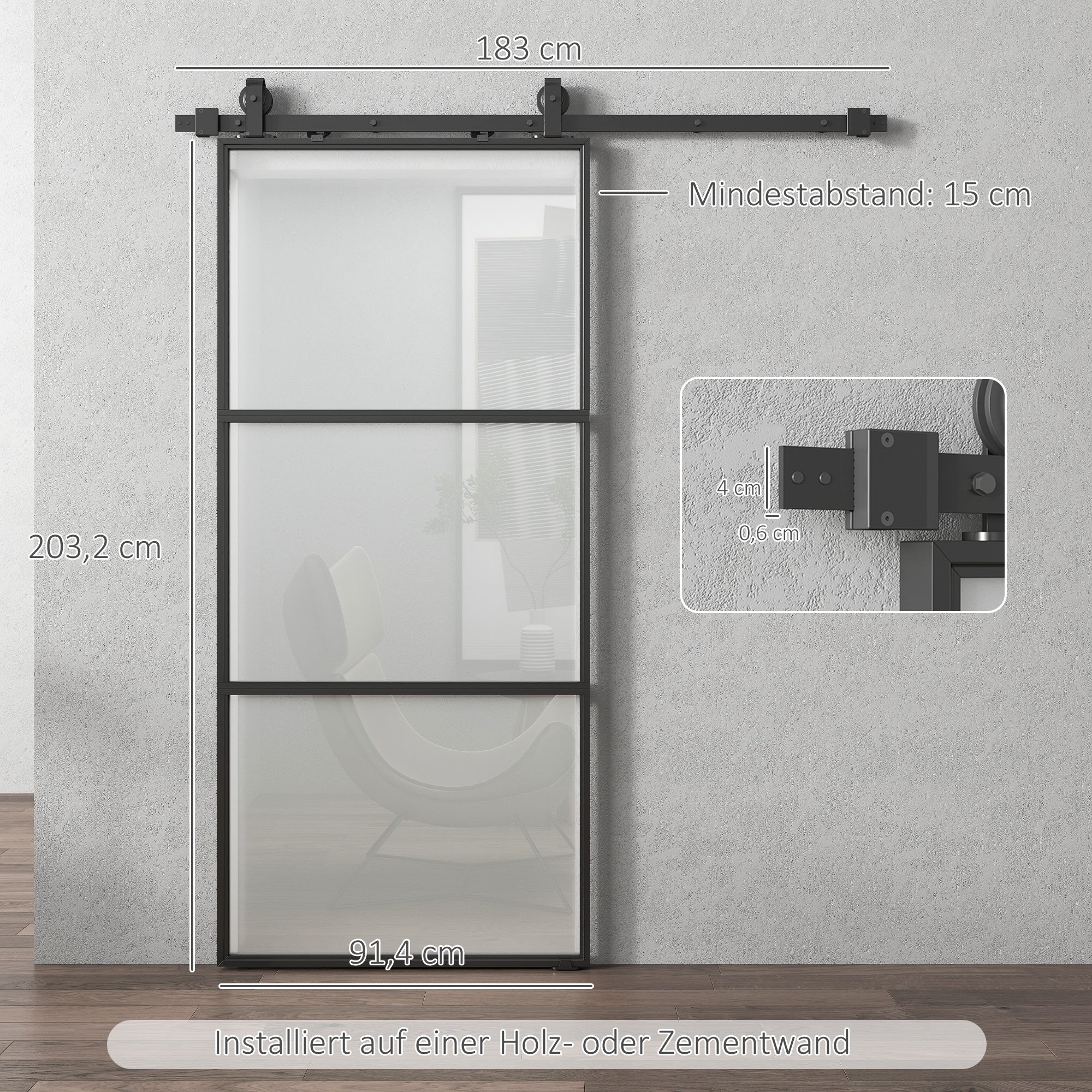 HOMCOM Schuifdeur met melkglas, railsysteem, montageset, soft-close mechanisme, eenvoudige montage, staal, zwart