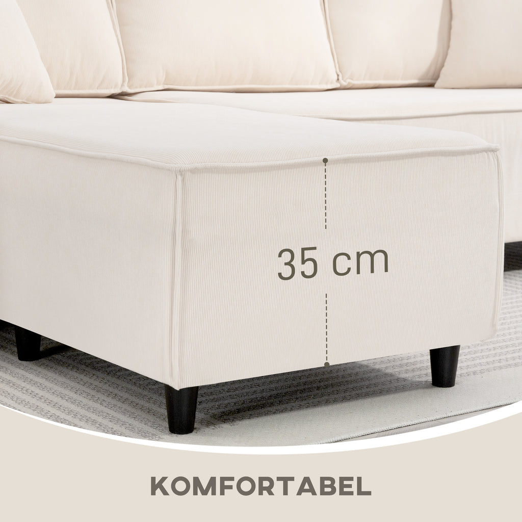 HOMCOM 3-Zitsbank met Chaise Longue, Woonkamerbank met Corduroy Bekleding, 2 Extra Kussens, Gestoffeerde Bank, Crèmewit