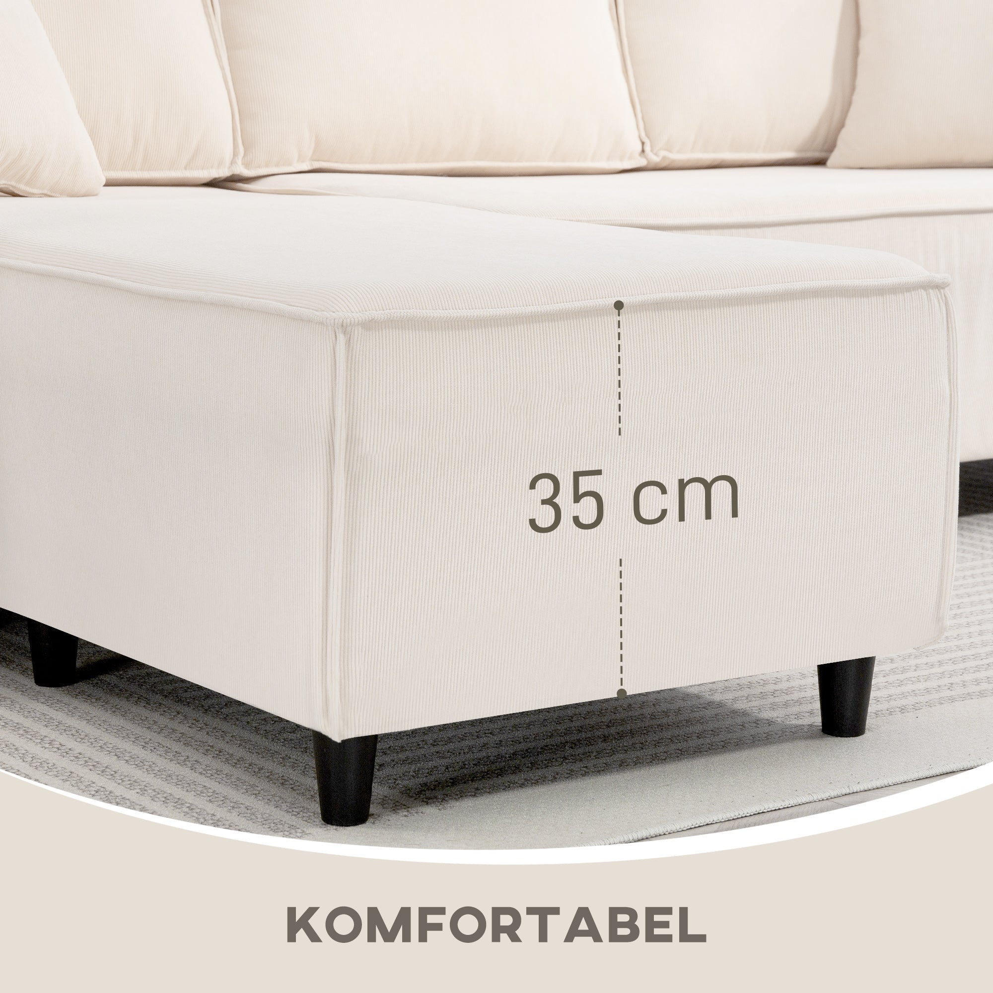 HOMCOM 3-Zitsbank met Chaise Longue, Woonkamerbank met Corduroy Bekleding, 2 Extra Kussens, Gestoffeerde Bank, Crèmewit