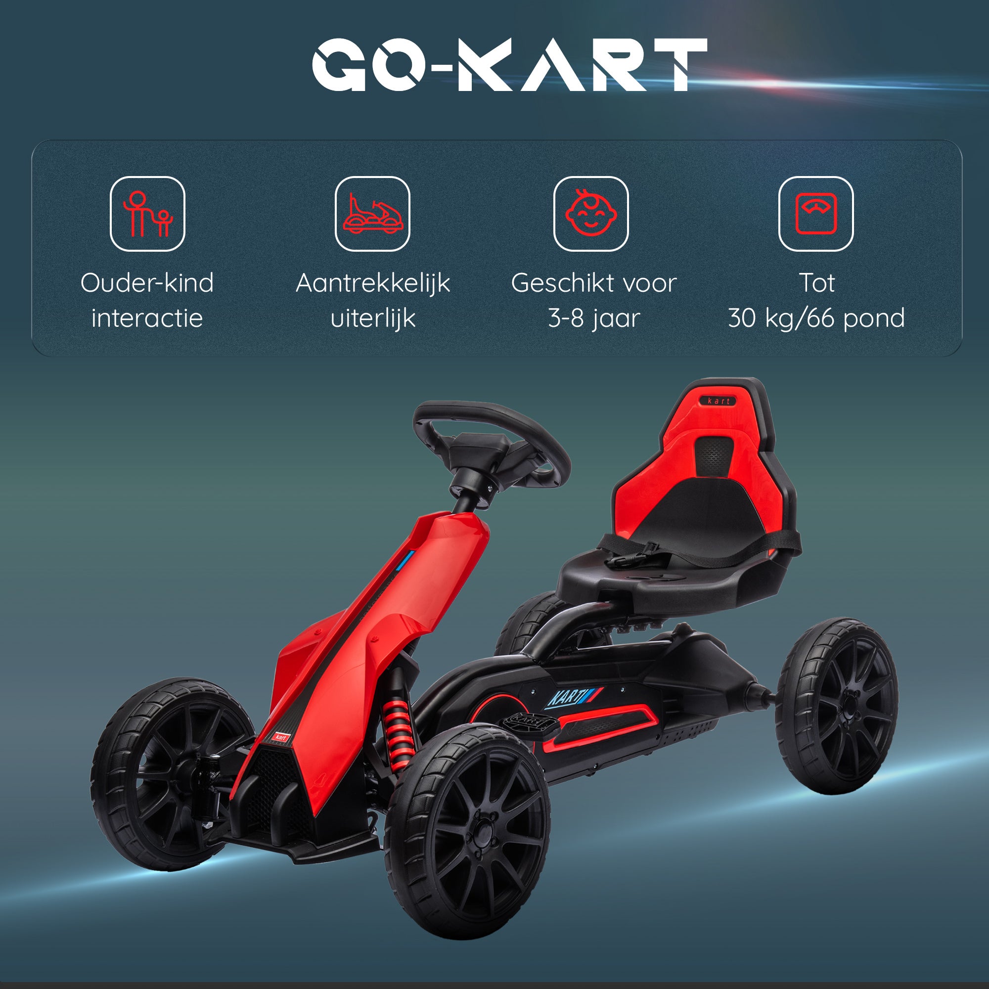 HOMCOM Go-Kart Pedal Go-Kart met Achteruit- en Vooruitversnelling, voor Kinderen van 3 tot 8 Jaar, Rood+Zwart